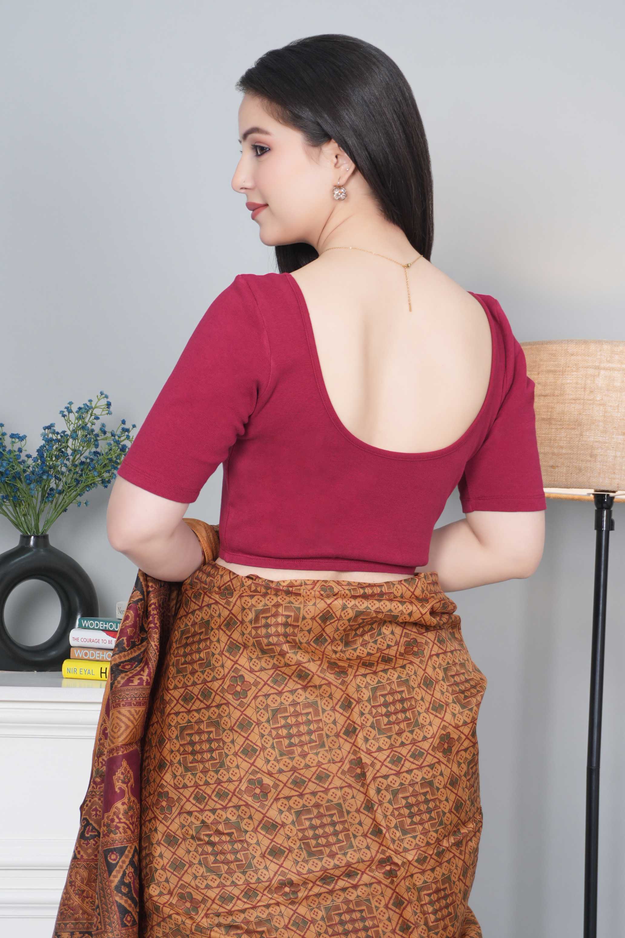 Dark Rose Rib Roundneck Half Sleeve Blouse [ 100% USA HQ Cotton, 280 GSM non transparent fabric ]