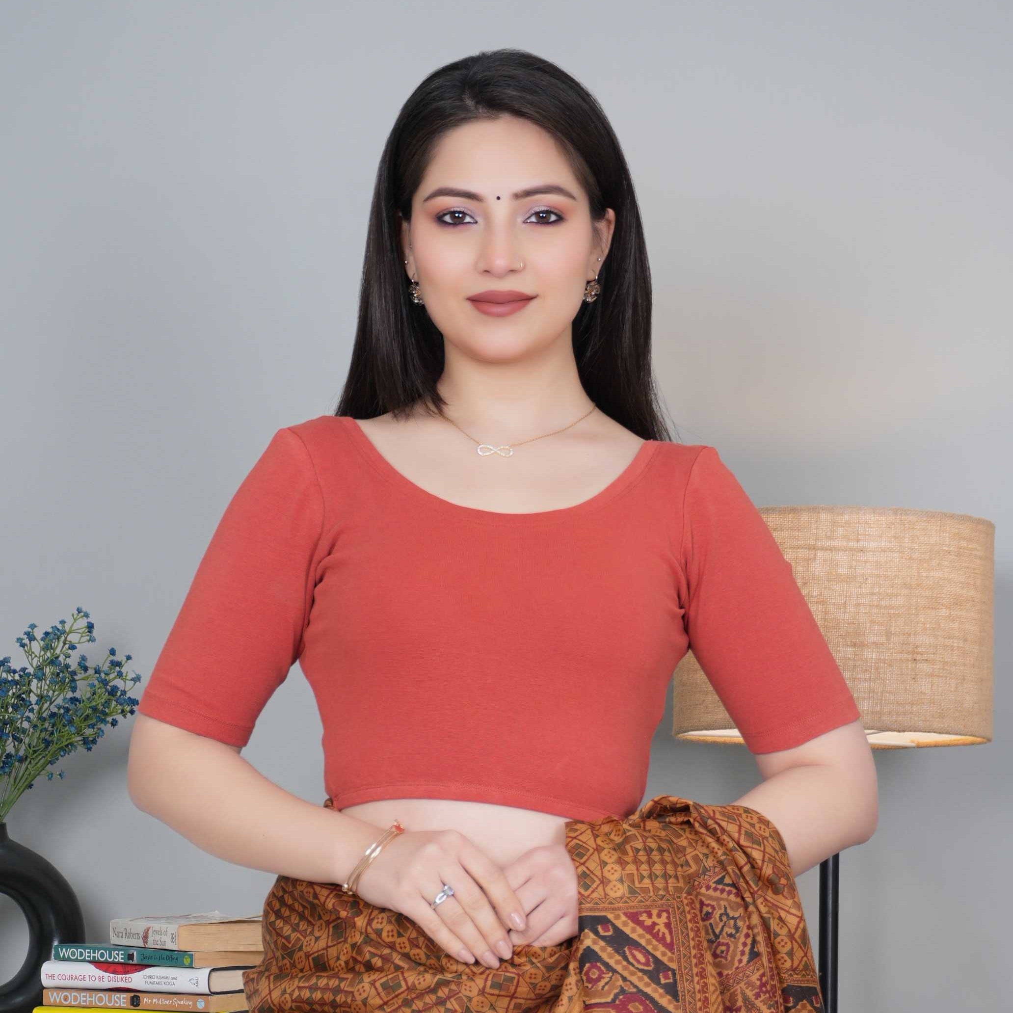 Rust Rib Roundneck Half Sleeve Blouse [ 100% USA HQ Cotton, 280 GSM non transparent fabric ]