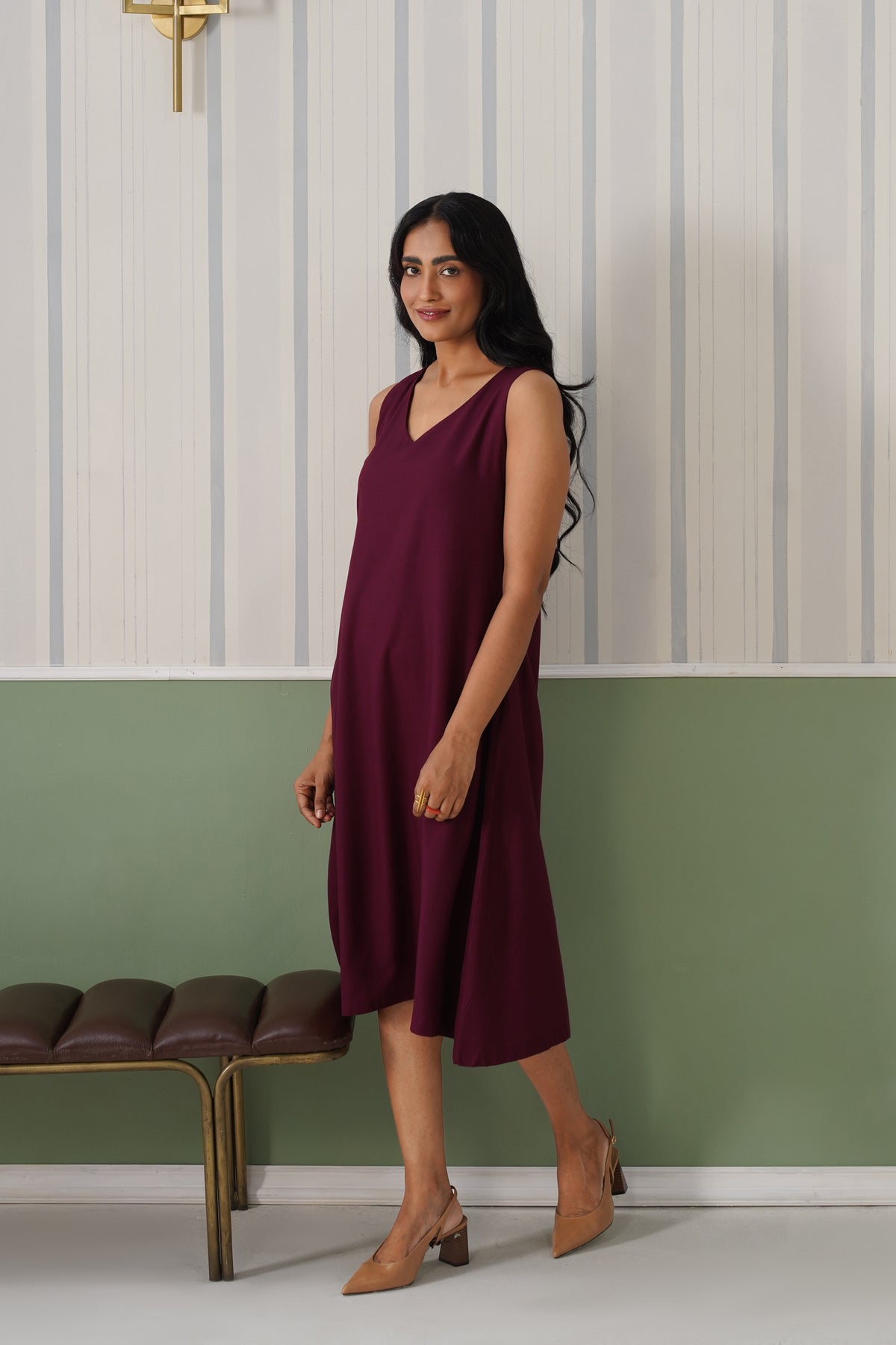 Dark purple rayon line dress with pocket [ Premium 100% Rayon, Liva Certified ]