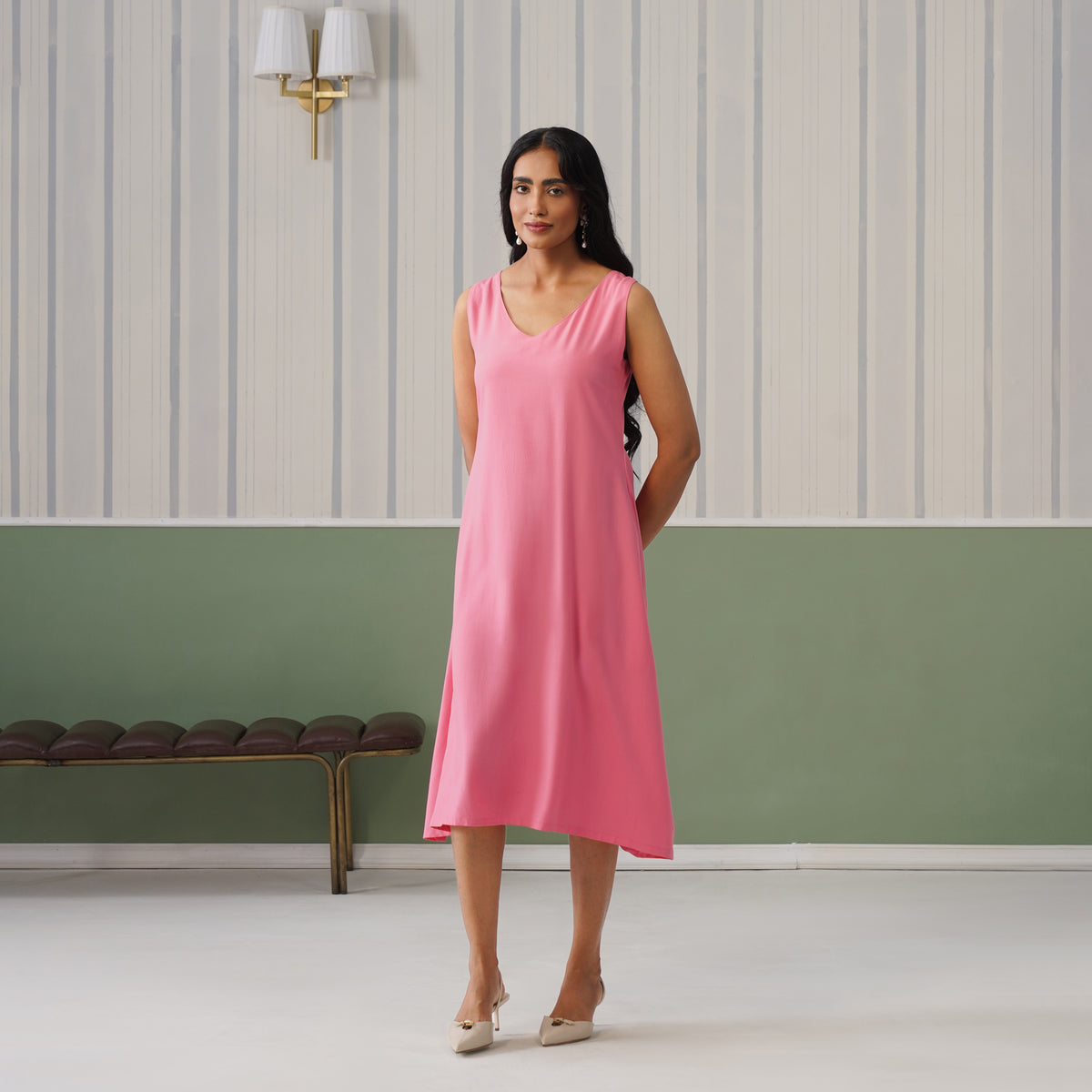 Georgia Peach rayon line dress with pocket [ Premium 100% Rayon, Liva Certified ]