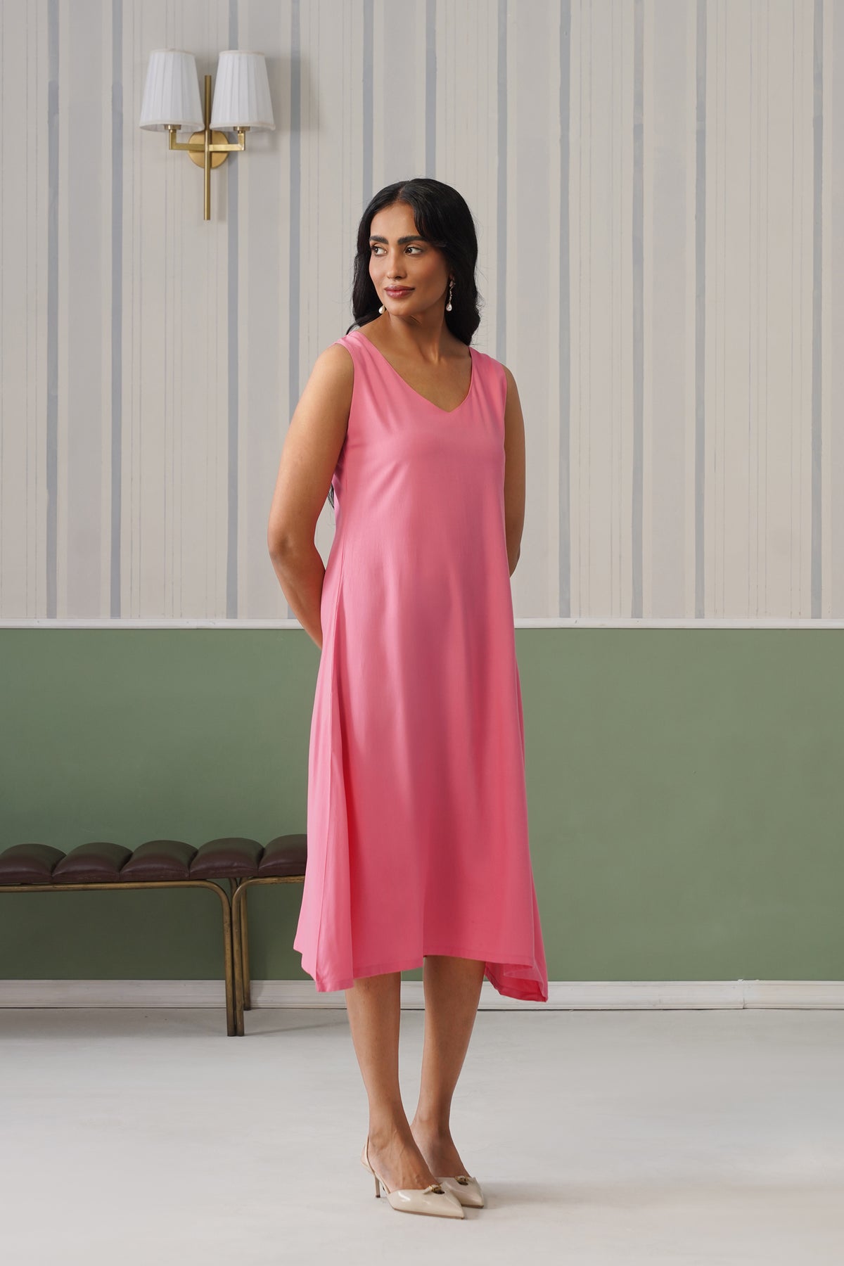 Georgia Peach rayon line dress with pocket [ Premium 100% Rayon, Liva Certified ]