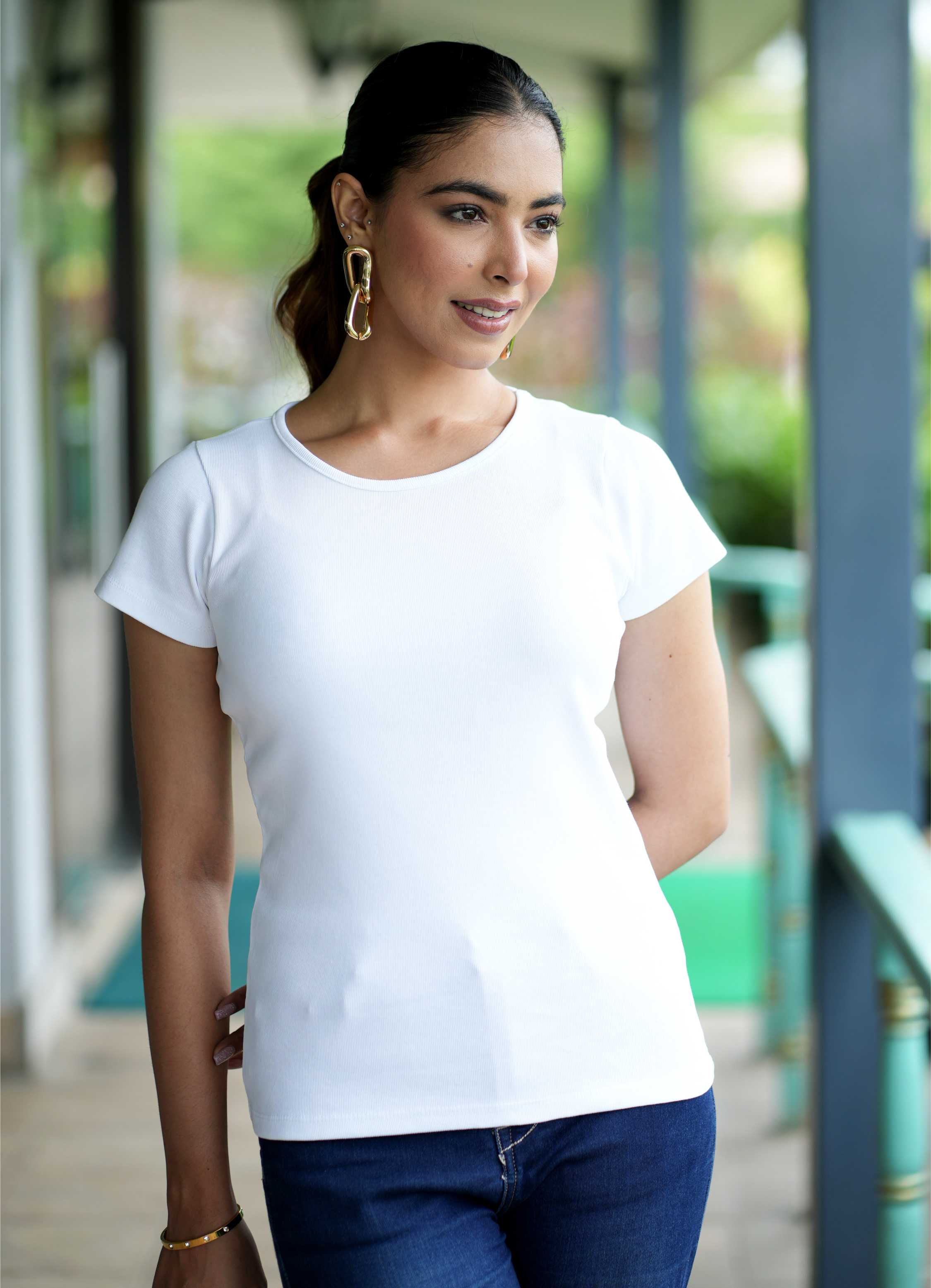 White Stretchable Rib T Shirt [ 100% USA HQ Cotton, 280 GSM non transparent fabric ]