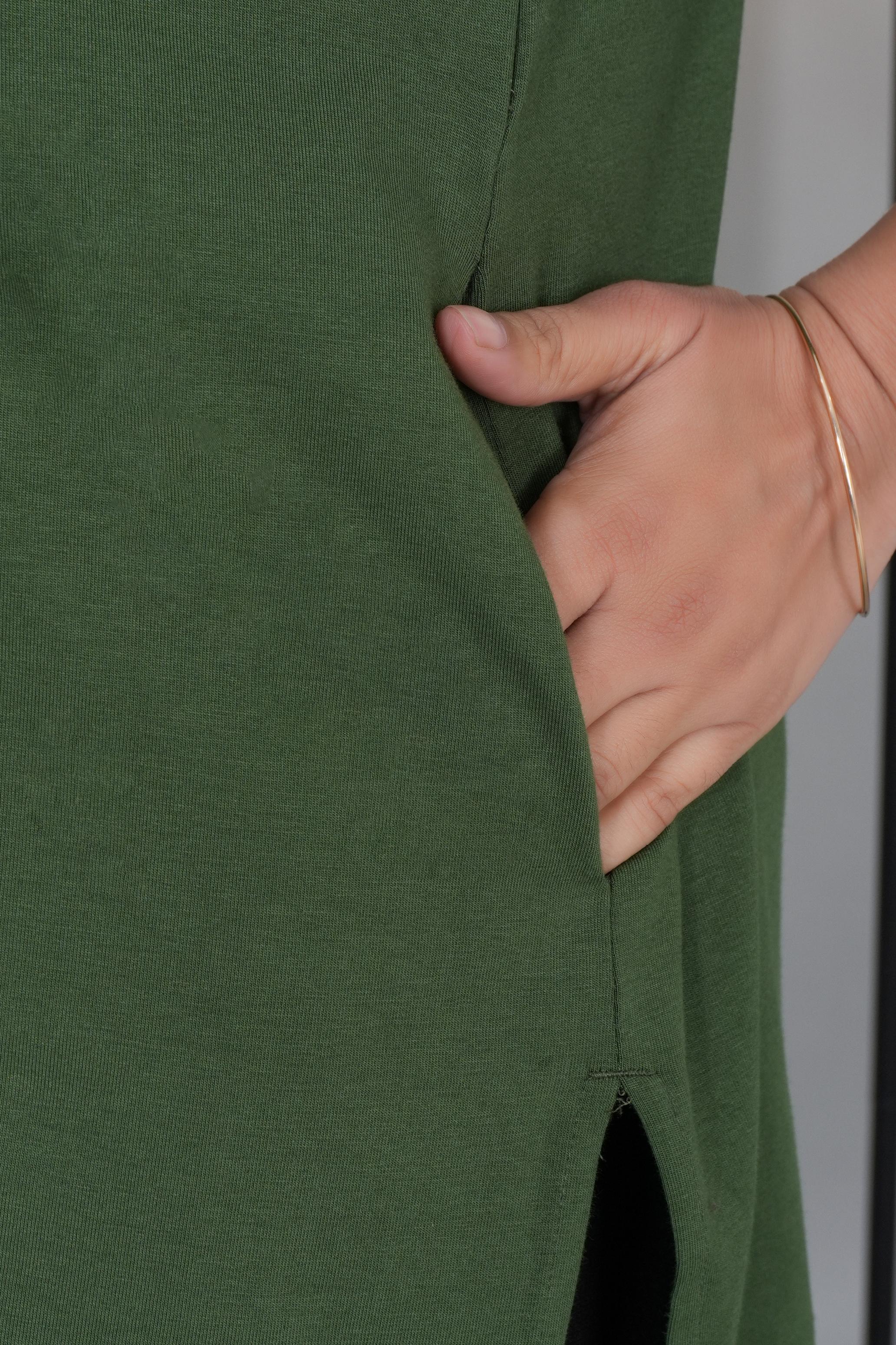 Olive long round neck henley cotton lycra t-shirt with pockets