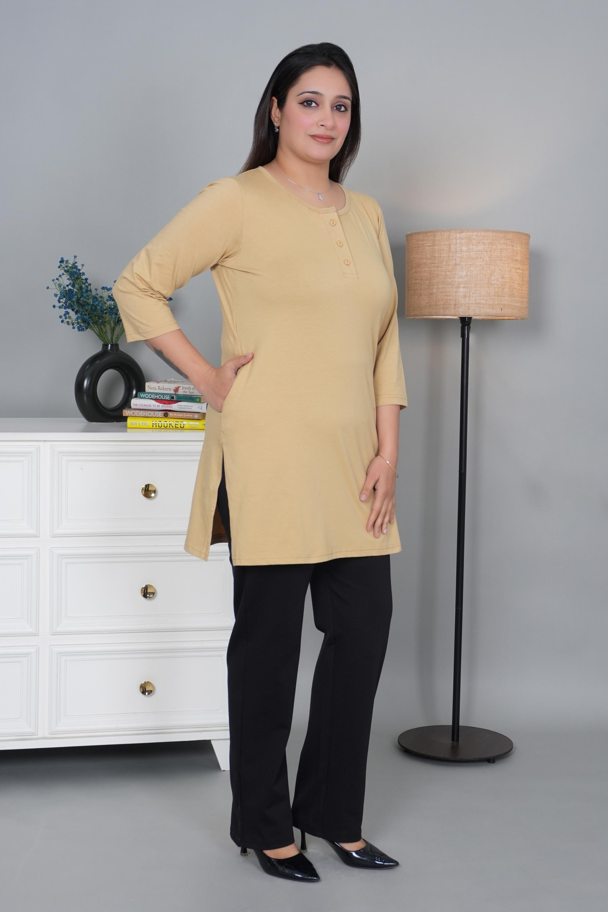 Beige long round neck henley cotton lycra t-shirt with pockets