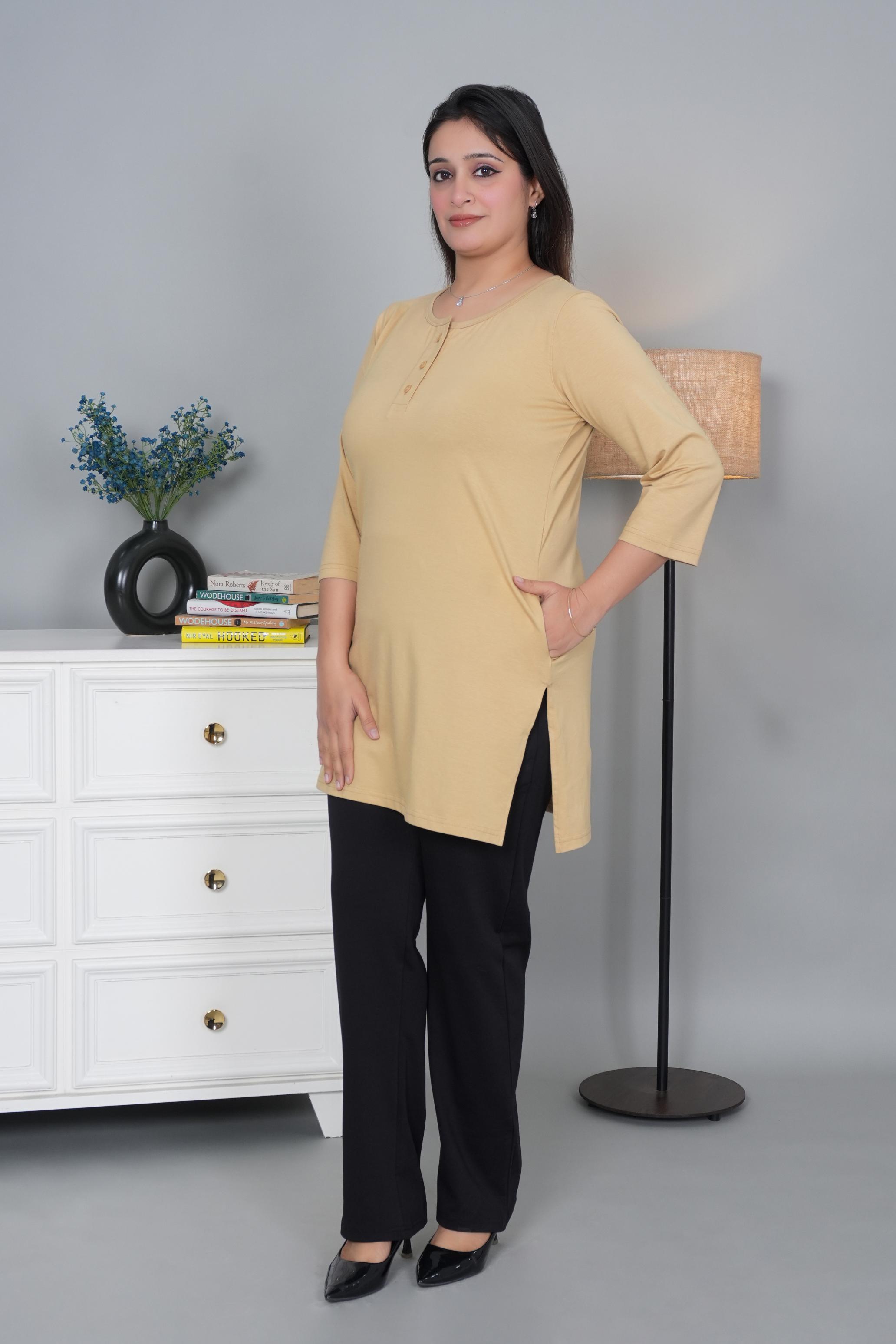 Beige long round neck henley cotton lycra t-shirt with pockets