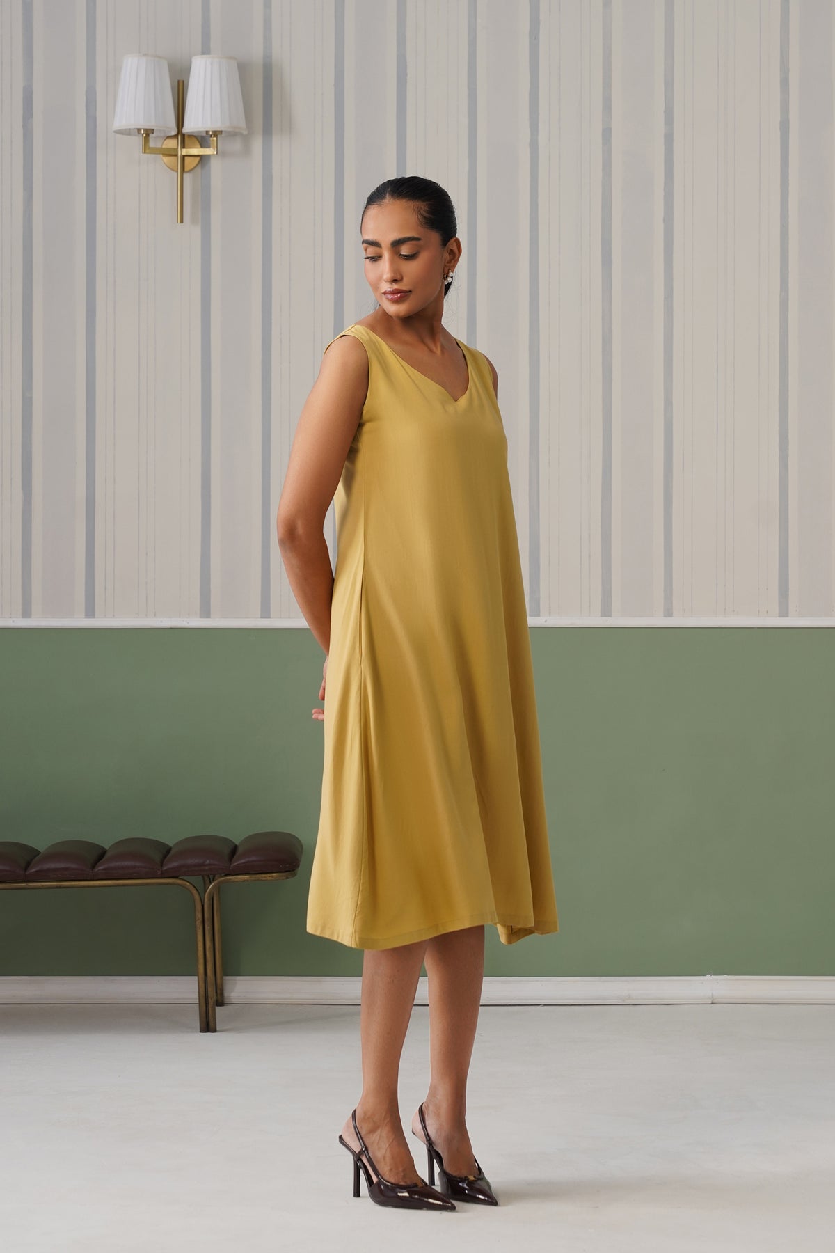 Beige rayon line dress with pocket [ Premium 100% Rayon, Liva Certified ]