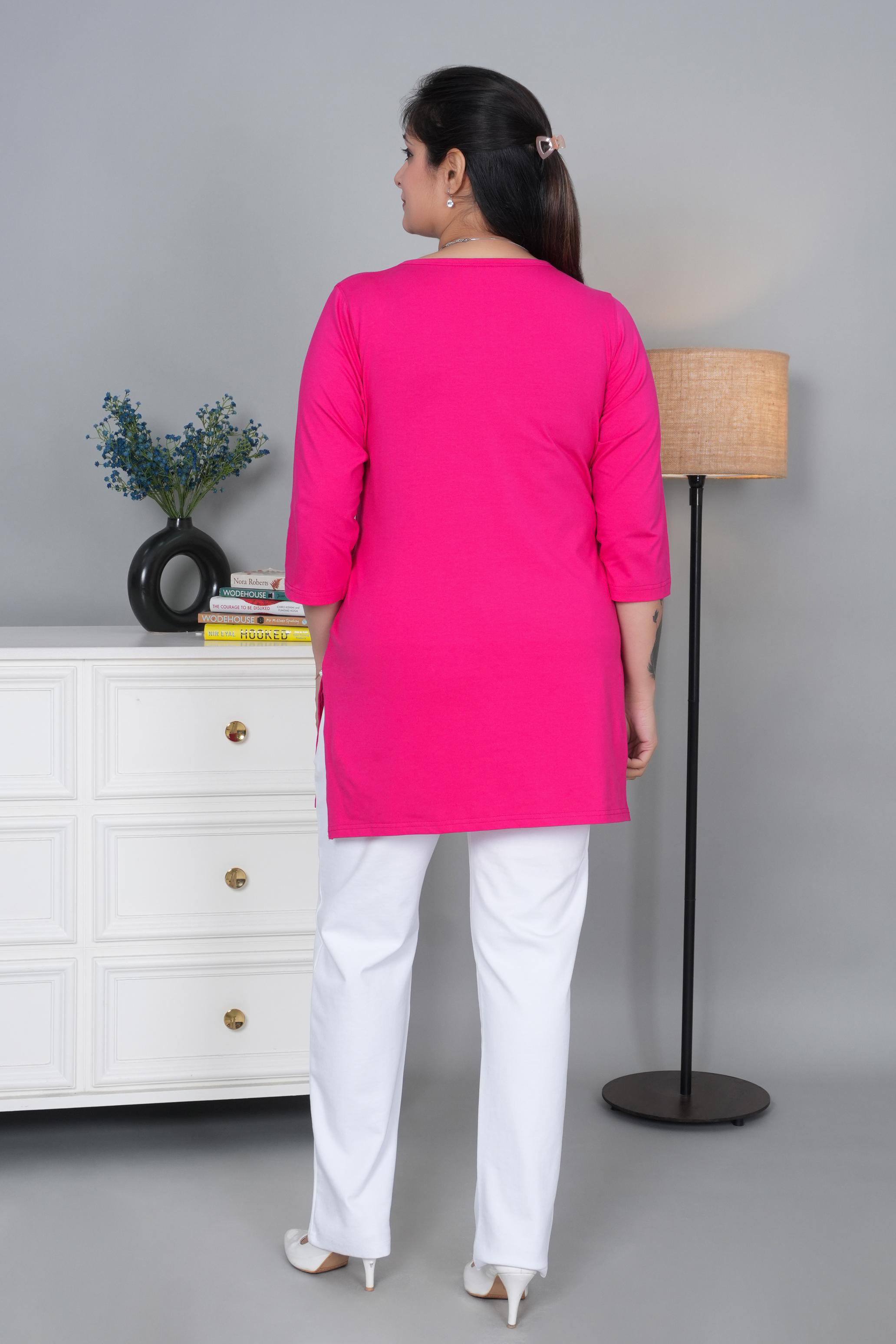 Pink long round neck henley cotton lycra t-shirt with pockets