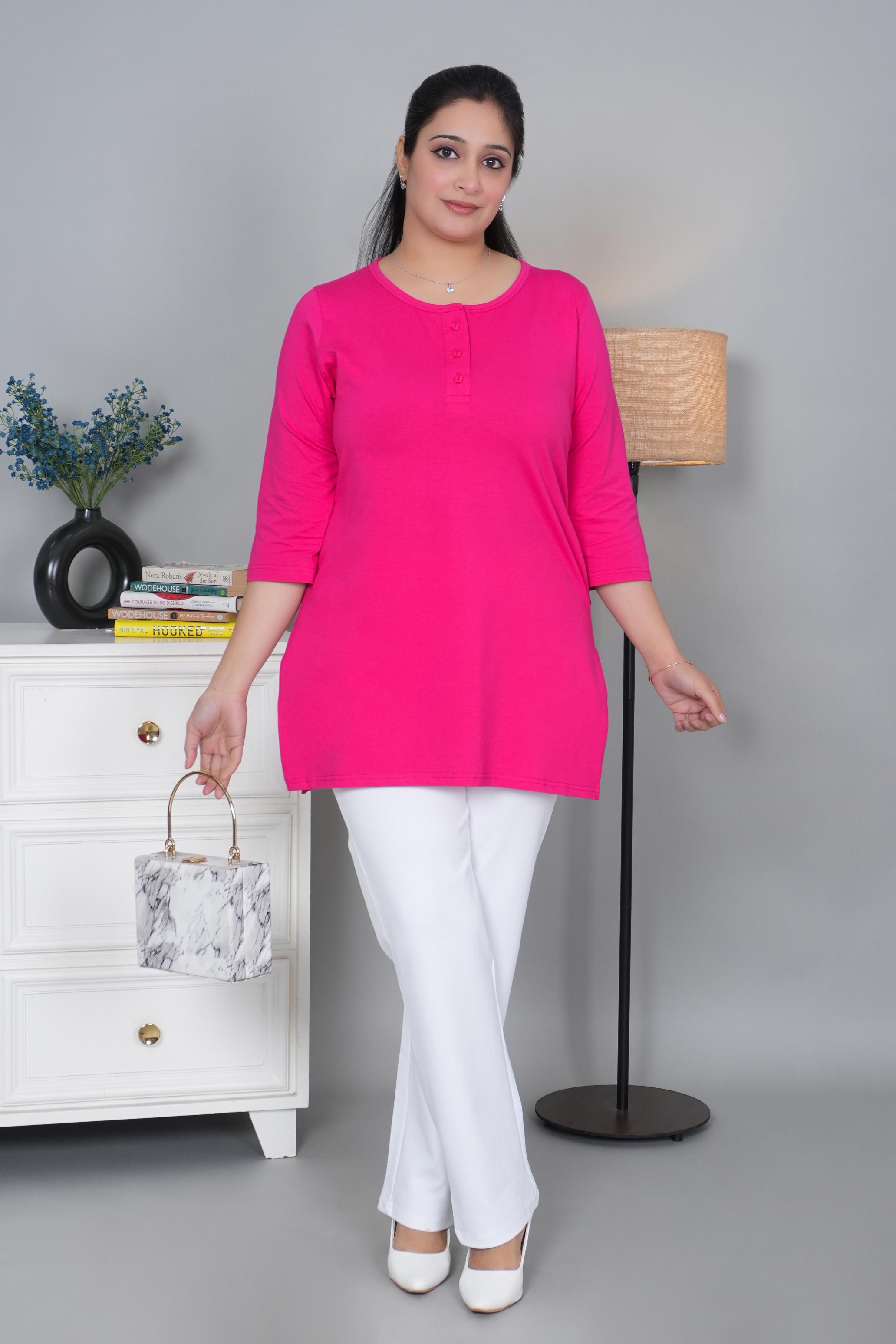 Pink long round neck henley cotton lycra t-shirt with pockets