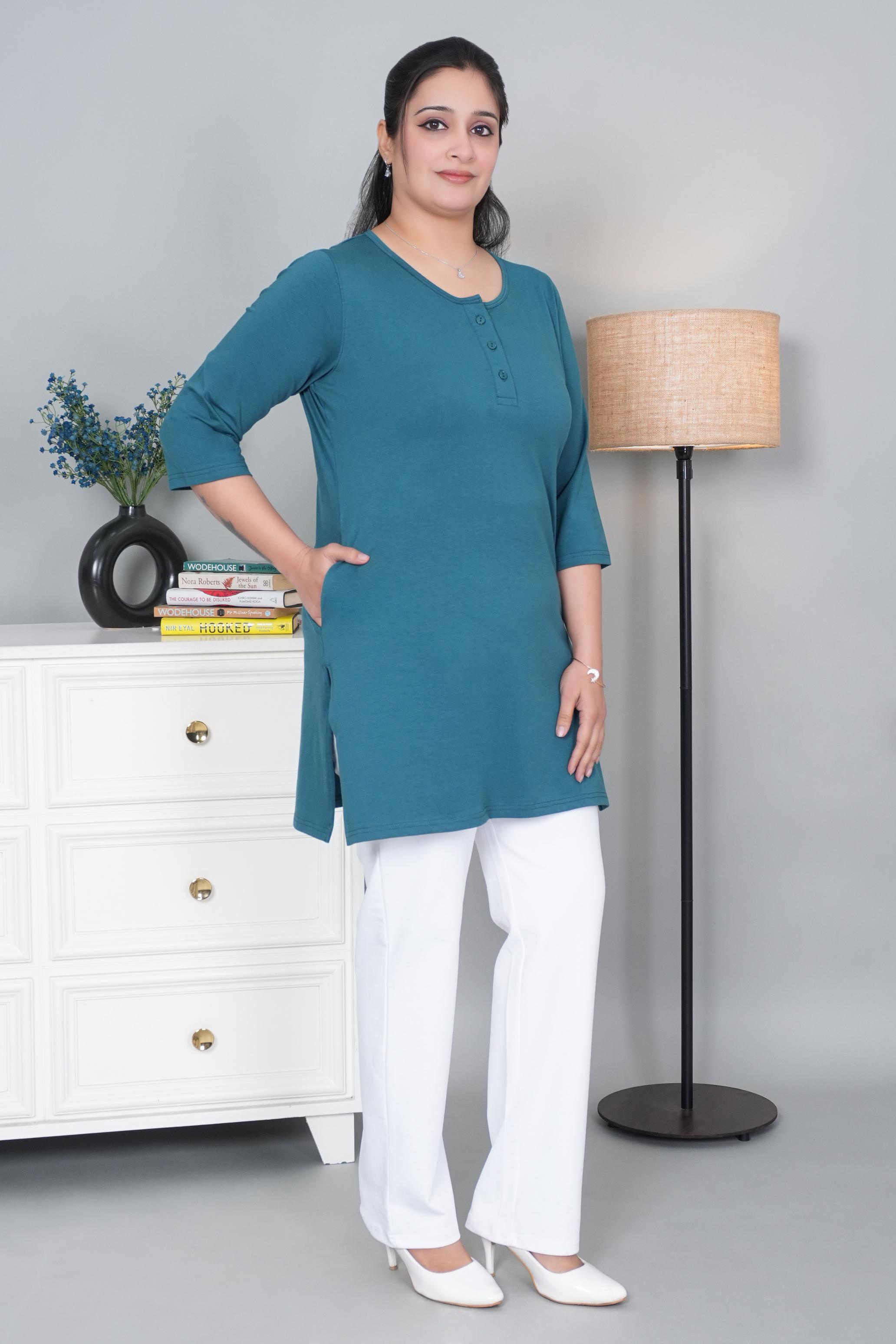Teal long round neck henley cotton lycra t-shirt with pockets