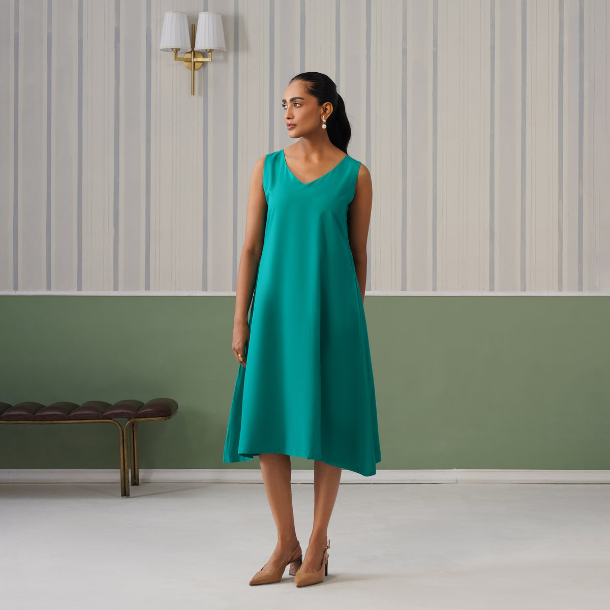 Sea Green rayon line dress with pocket [ Premium 100% Rayon, Liva Certified ]