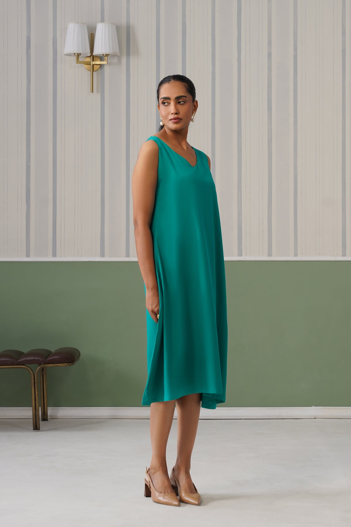 Sea Green rayon line dress with pocket [ Premium 100% Rayon, Liva Certified ]