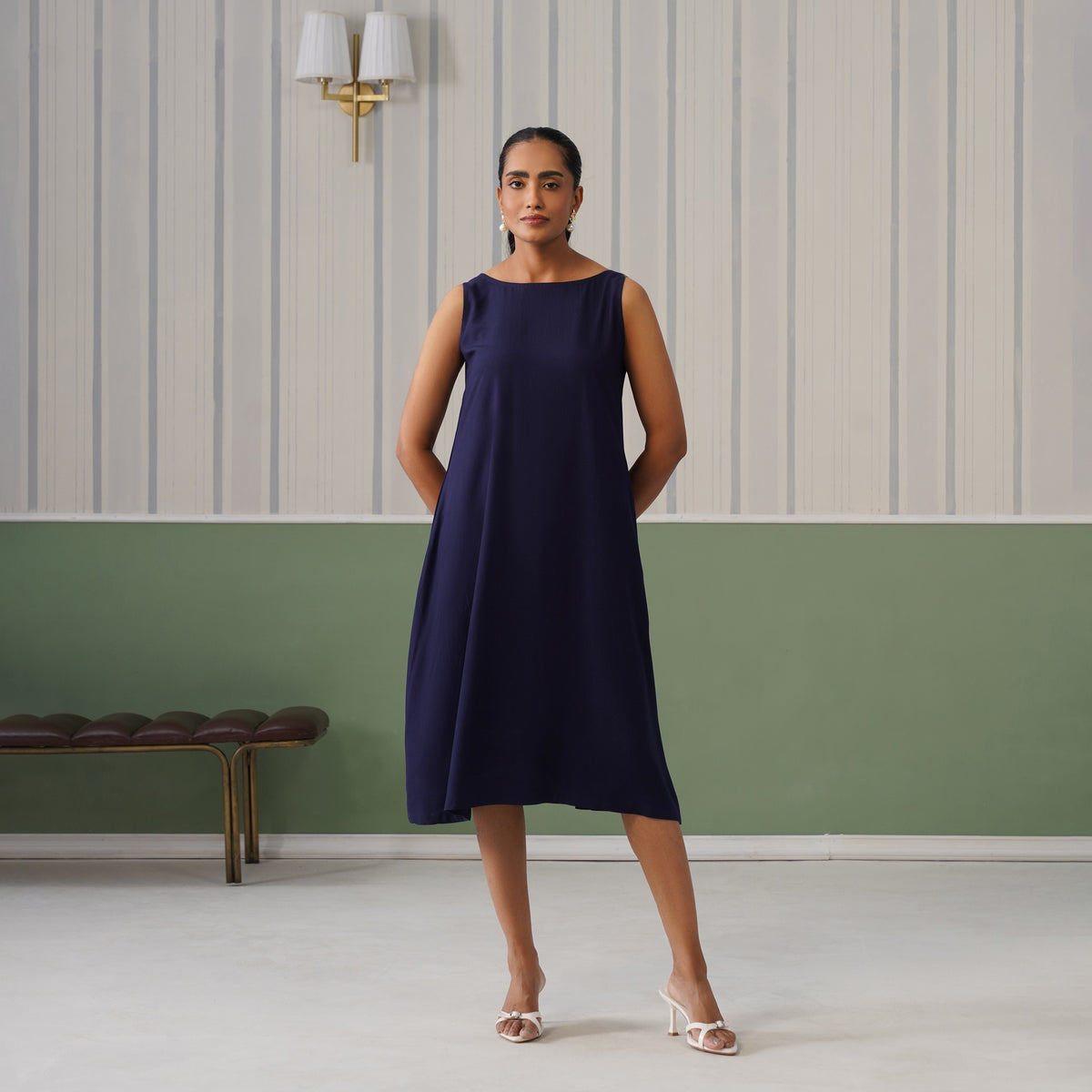 Navy rayon flare dress with pocket [ Premium 100% Rayon, Liva Certified ]