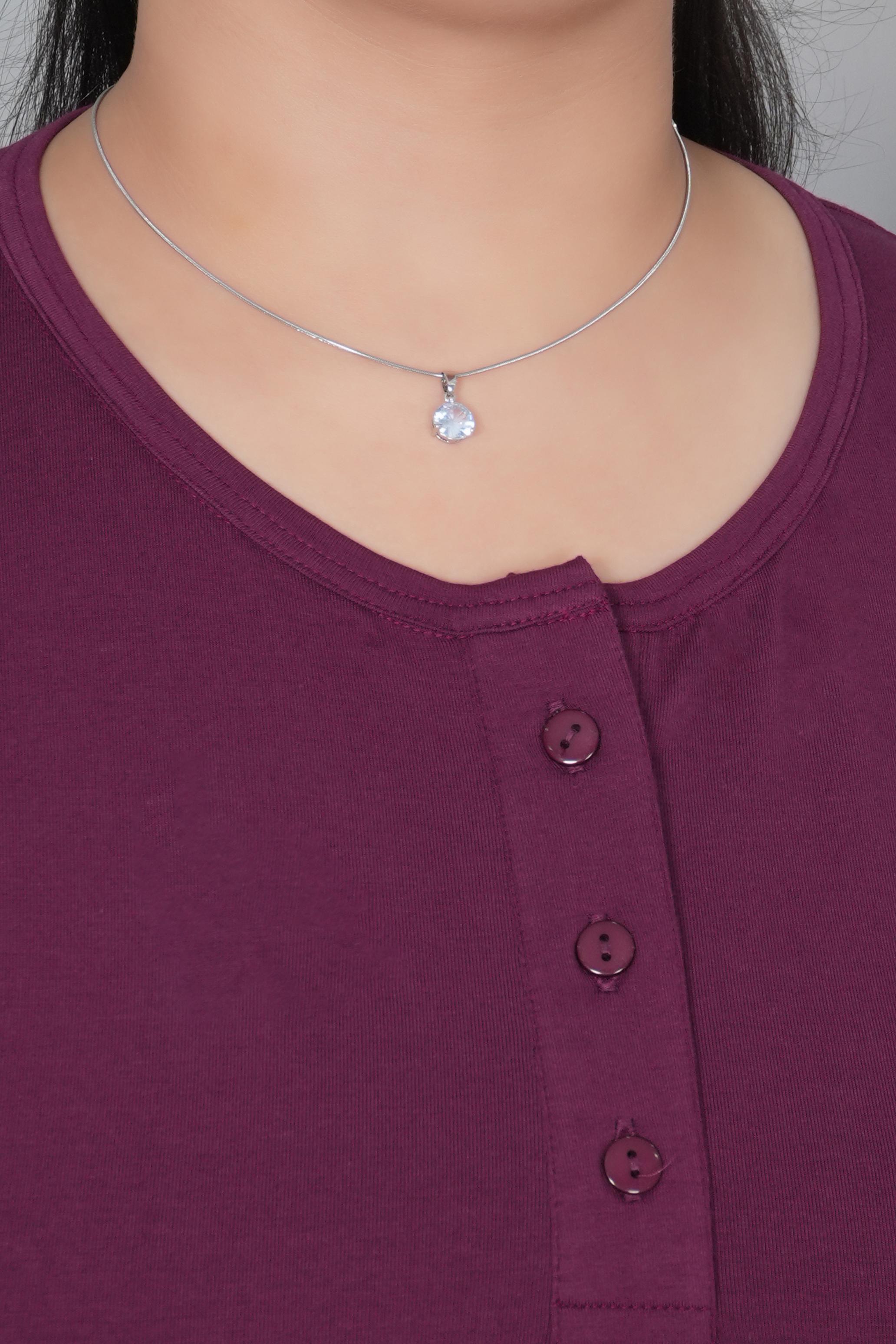 Plum long round neck henley cotton lycra t-shirt with pockets