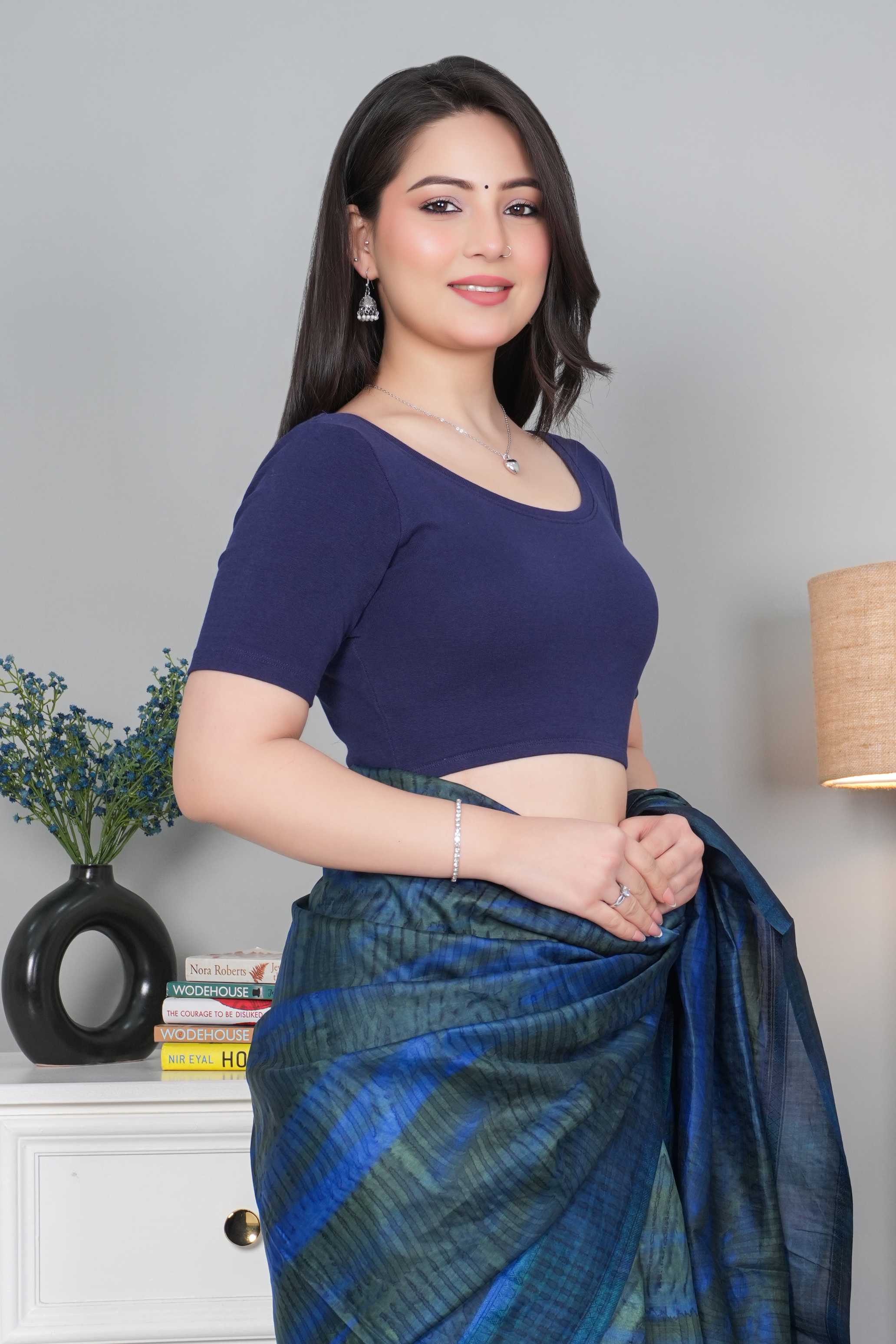 Navy Rib Roundneck Half Sleeve Blouse [ 100% USA HQ Cotton, 280 GSM non transparent fabric ]