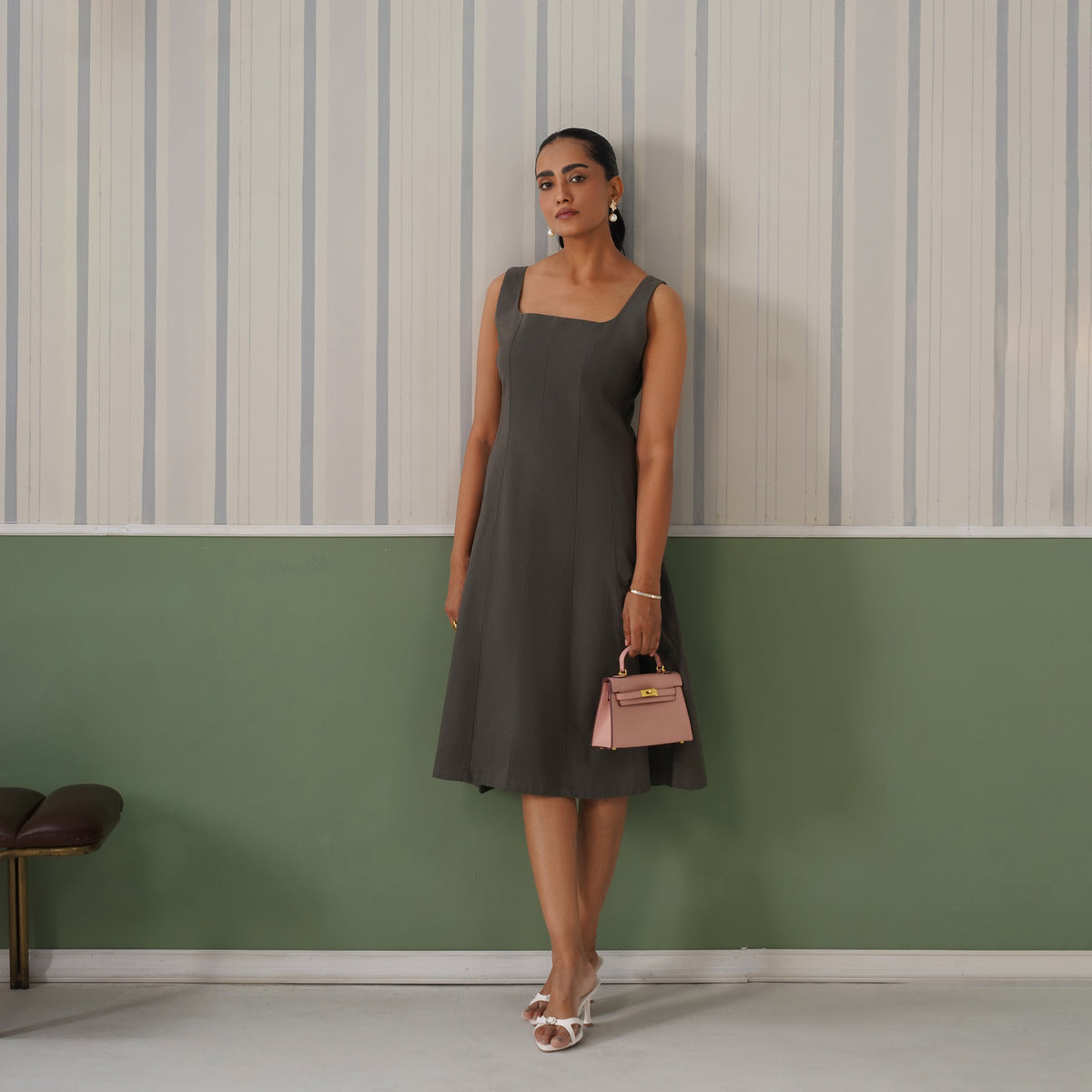 Grey cotton midi dress with pocket [100% pure cotton]