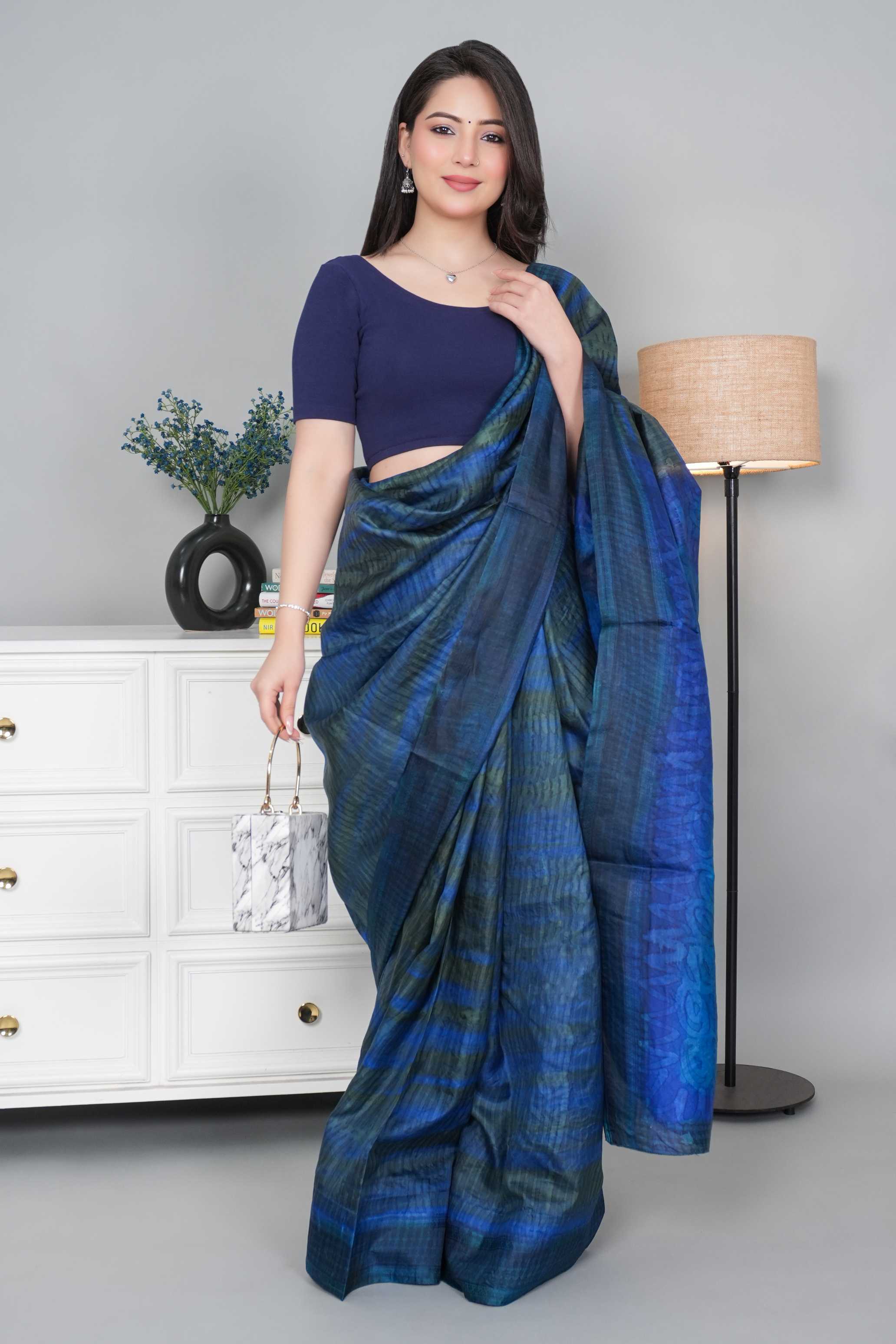 Navy Rib Roundneck Half Sleeve Blouse [ 100% USA HQ Cotton, 280 GSM non transparent fabric ]