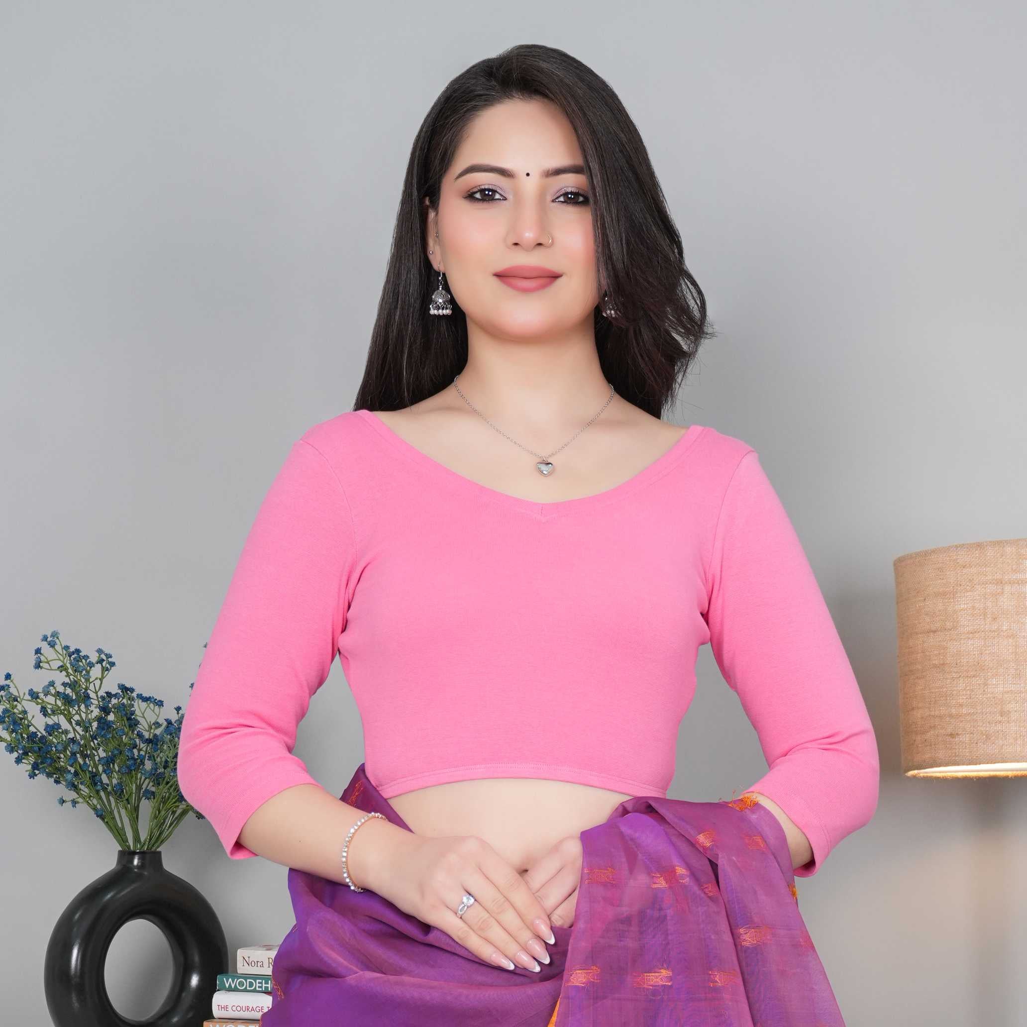 Pink Rib V Neck 3/4 Sleeve Blouse [ 100% USA HQ Cotton, 280 GSM non transparent fabric ]