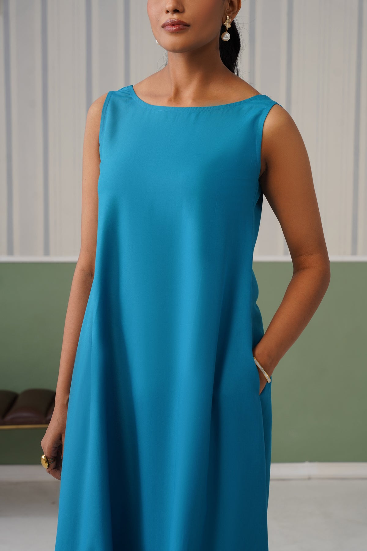 Turquoise blue rayon flare dress with pocket [ Premium 100% Rayon, Liva Certified ]