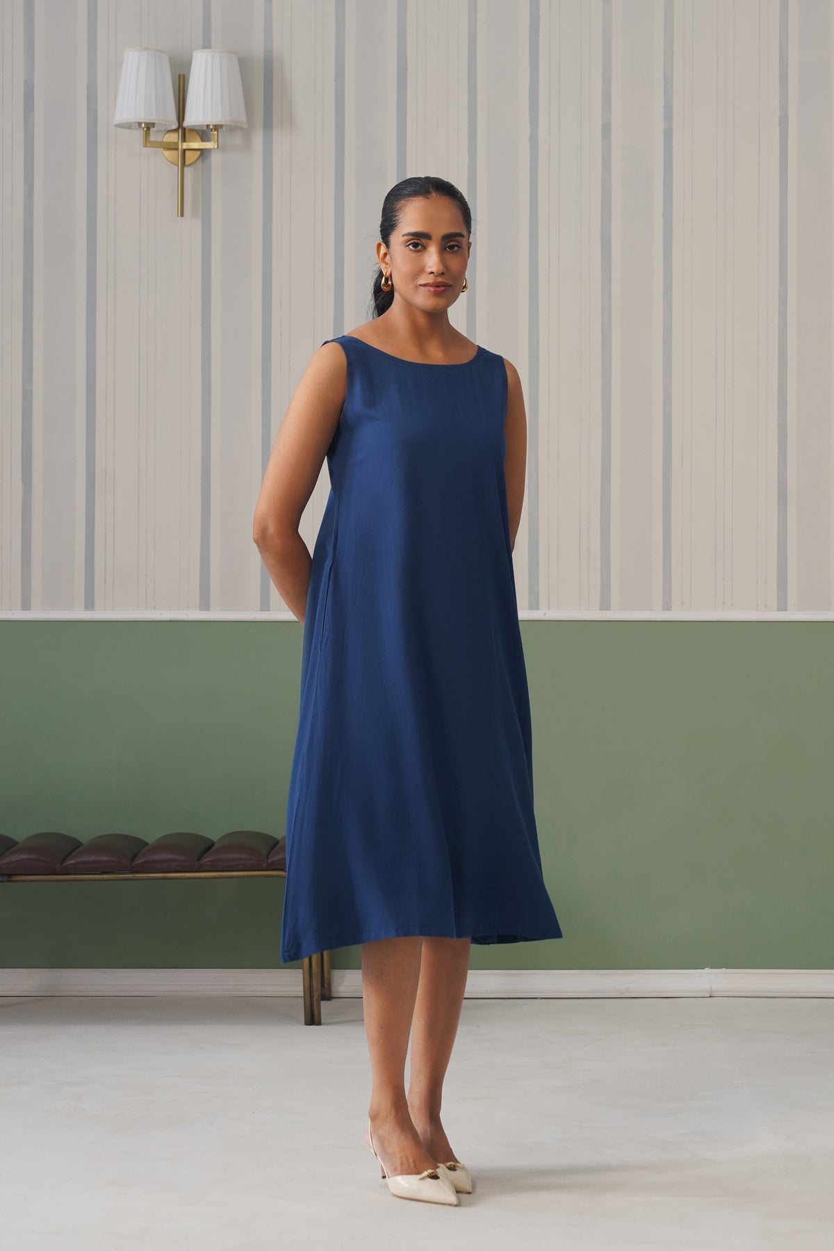 Indigo blue rayon flare dress with pocket [ Premium 100% Rayon, Liva Certified ]