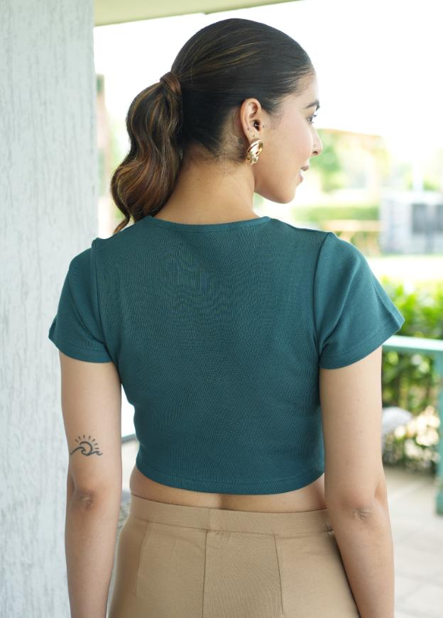 Teal Rib Crop T Shirt [ 100% USA HQ Cotton, 280 GSM non transparent fabric ]