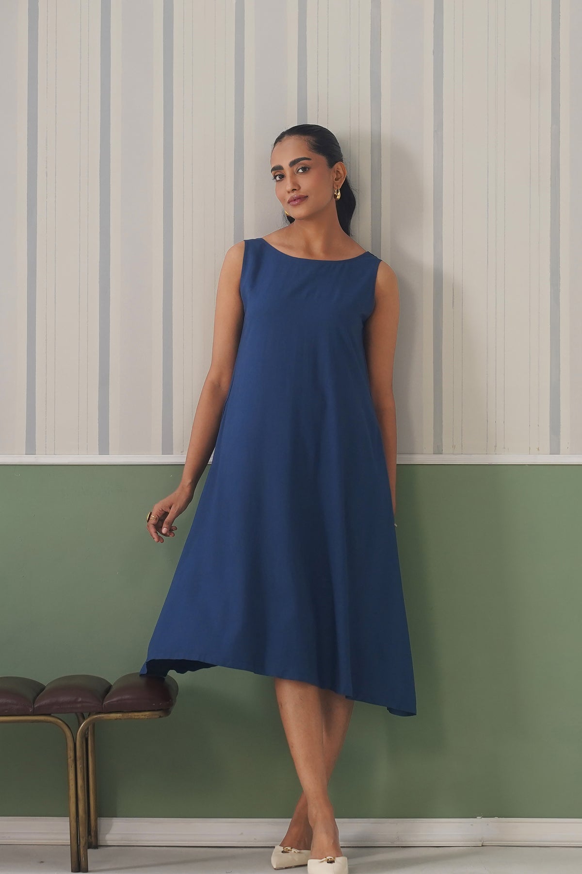 Indigo blue rayon flare dress with pocket [ Premium 100% Rayon, Liva Certified ]