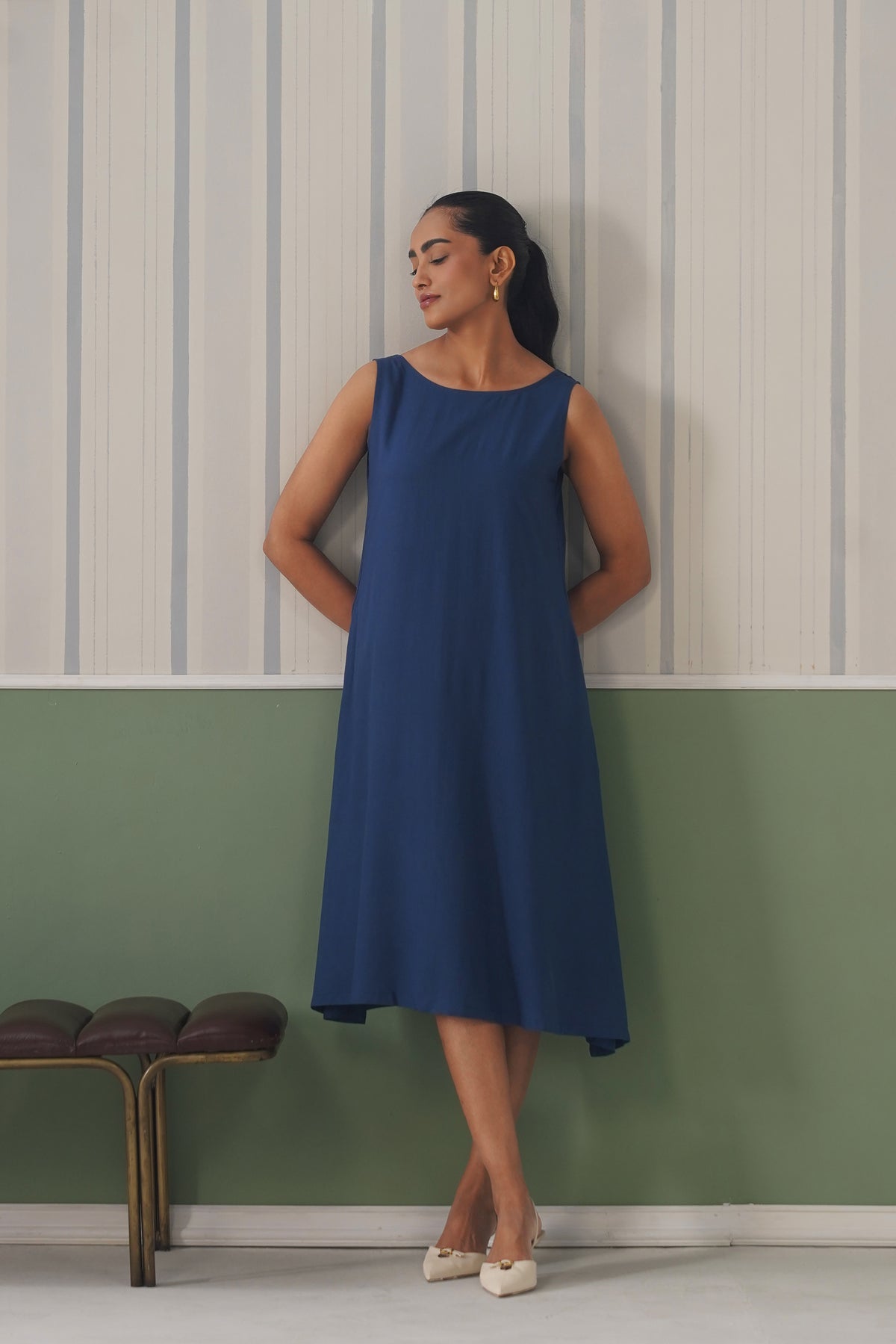 Indigo blue rayon flare dress with pocket [ Premium 100% Rayon, Liva Certified ]