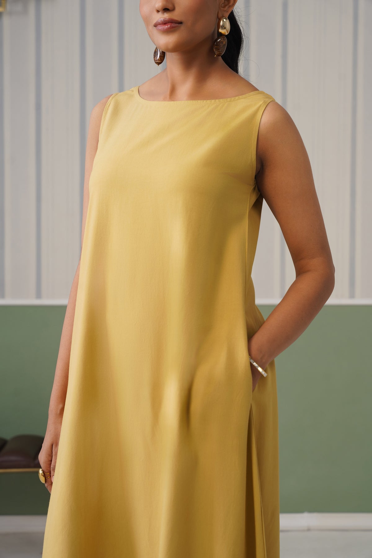 Beige rayon flare dress with pocket [ Premium 100% Rayon, Liva Certified ]