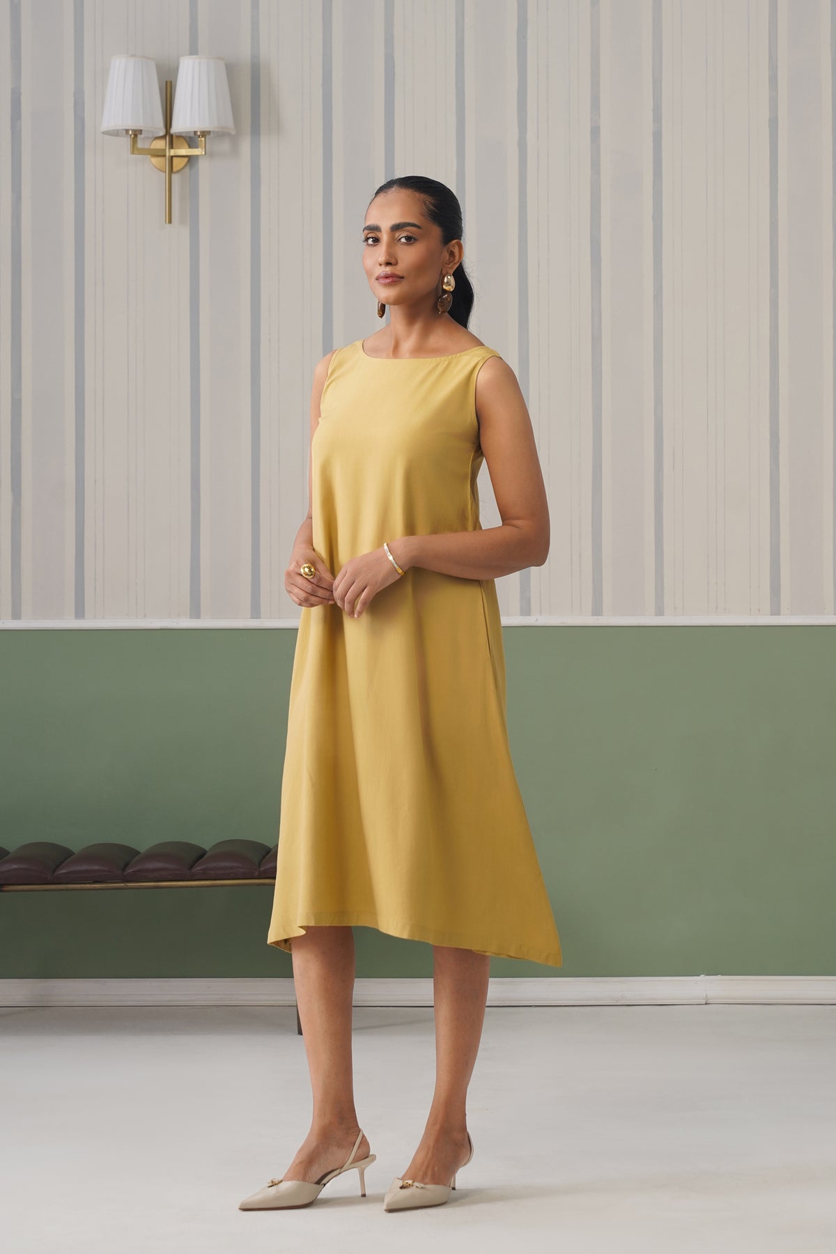 Beige rayon flare dress with pocket [ Premium 100% Rayon, Liva Certified ]