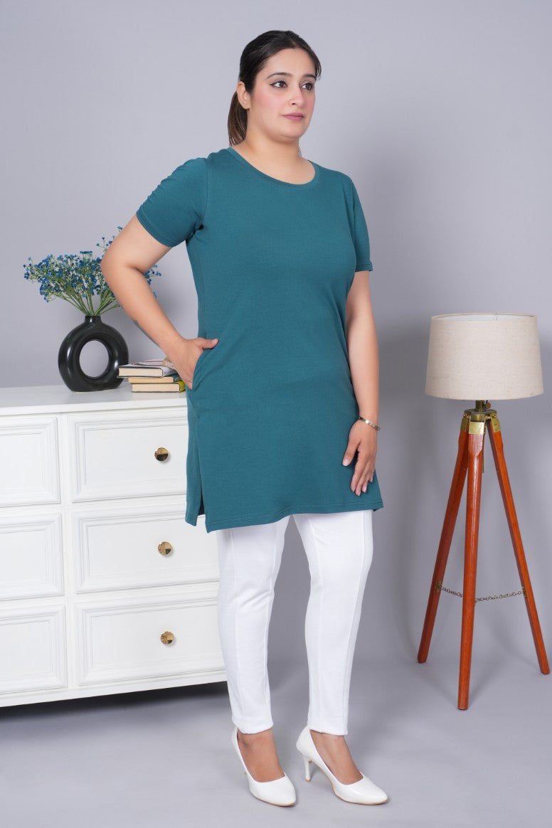 Teal long round neck cotton lycra t-shirt with pockets