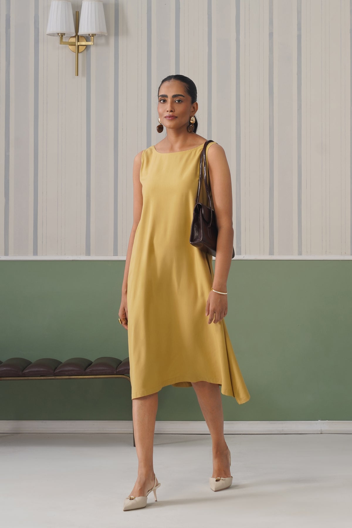 Beige rayon flare dress with pocket [ Premium 100% Rayon, Liva Certified ]