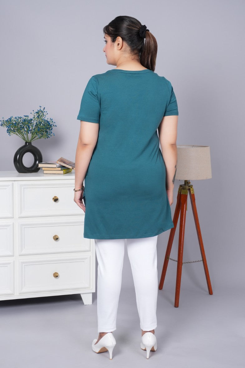 Teal long round neck cotton lycra t-shirt with pockets