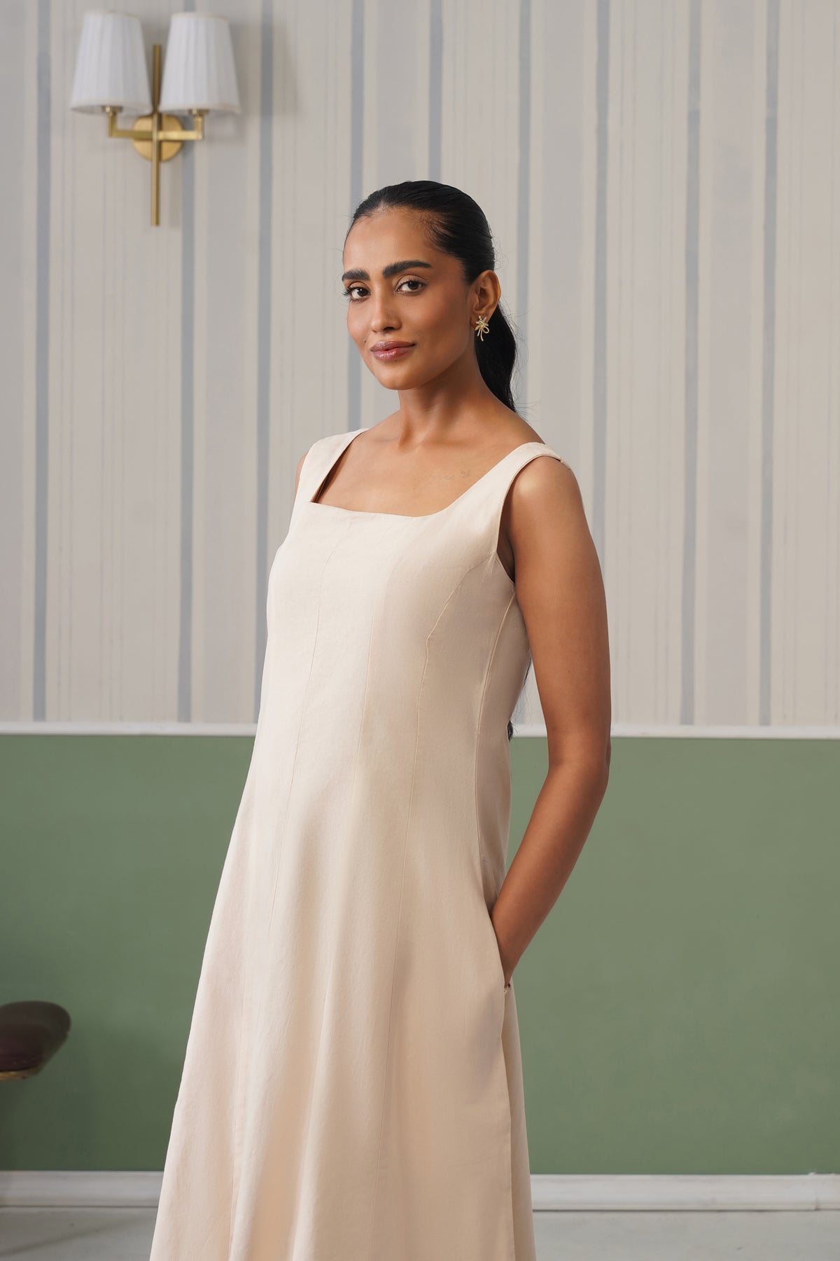 Beige cotton midi dress with pocket [100% pure cotton]