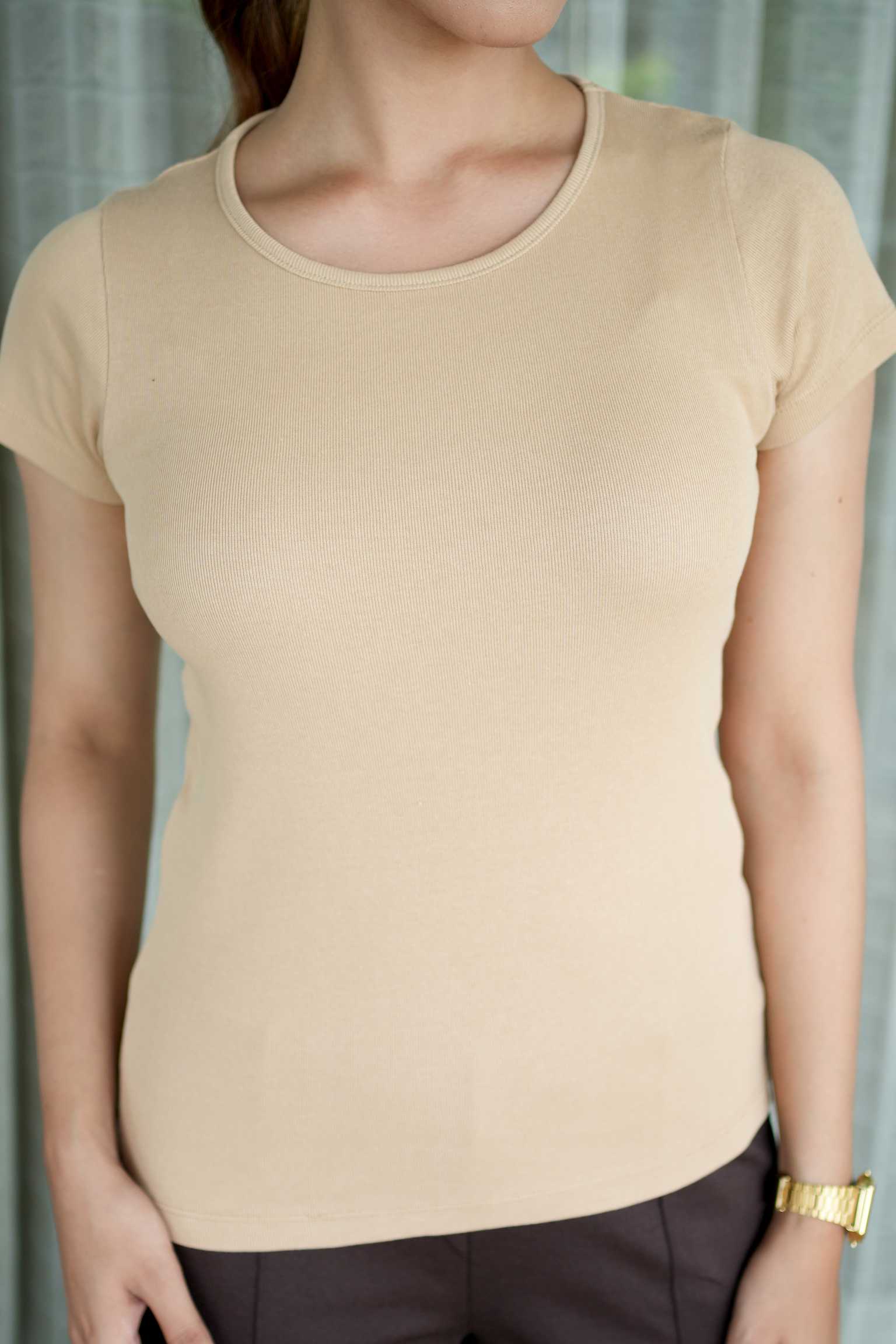 Beige Stretchable Rib T Shirt [ 100% USA HQ Cotton, 280 GSM non transparent fabric ]