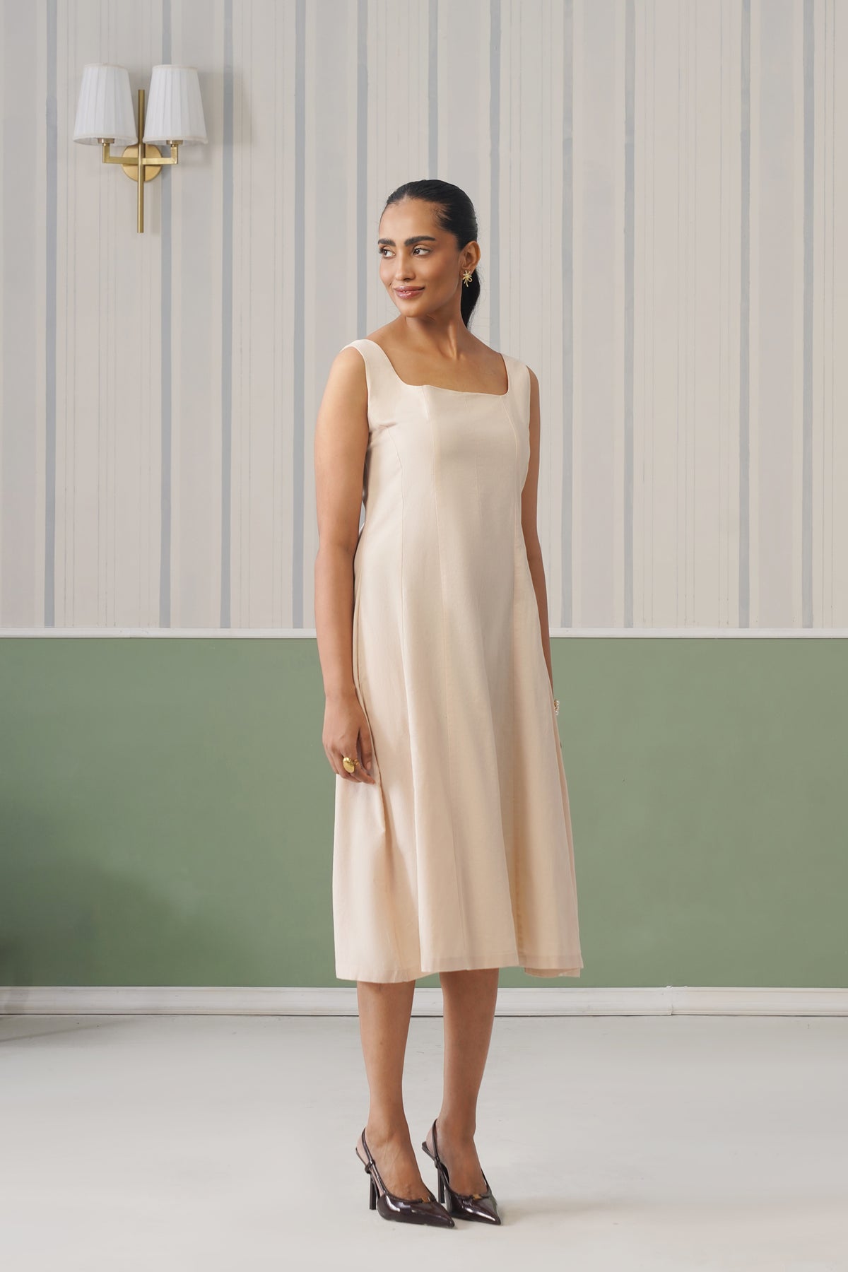 Beige cotton midi dress with pocket [100% pure cotton]
