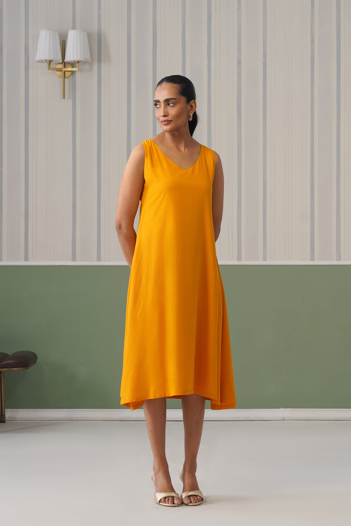Mustard rayon line dress with pocket [ Premium 100% Rayon, Liva Certified ]