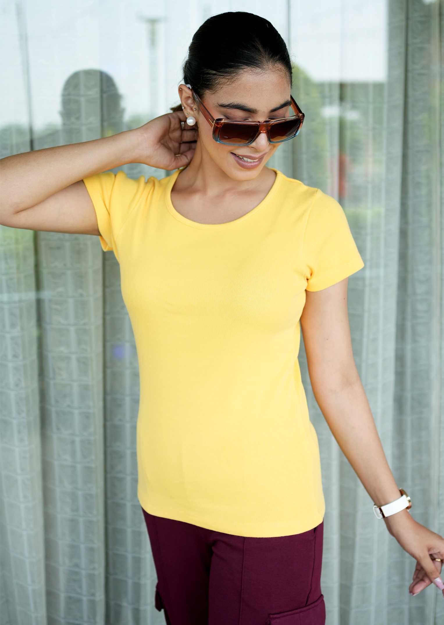 Yellow Stretchable Rib T Shirt [ 100% USA HQ Cotton, 280 GSM non transparent fabric ]