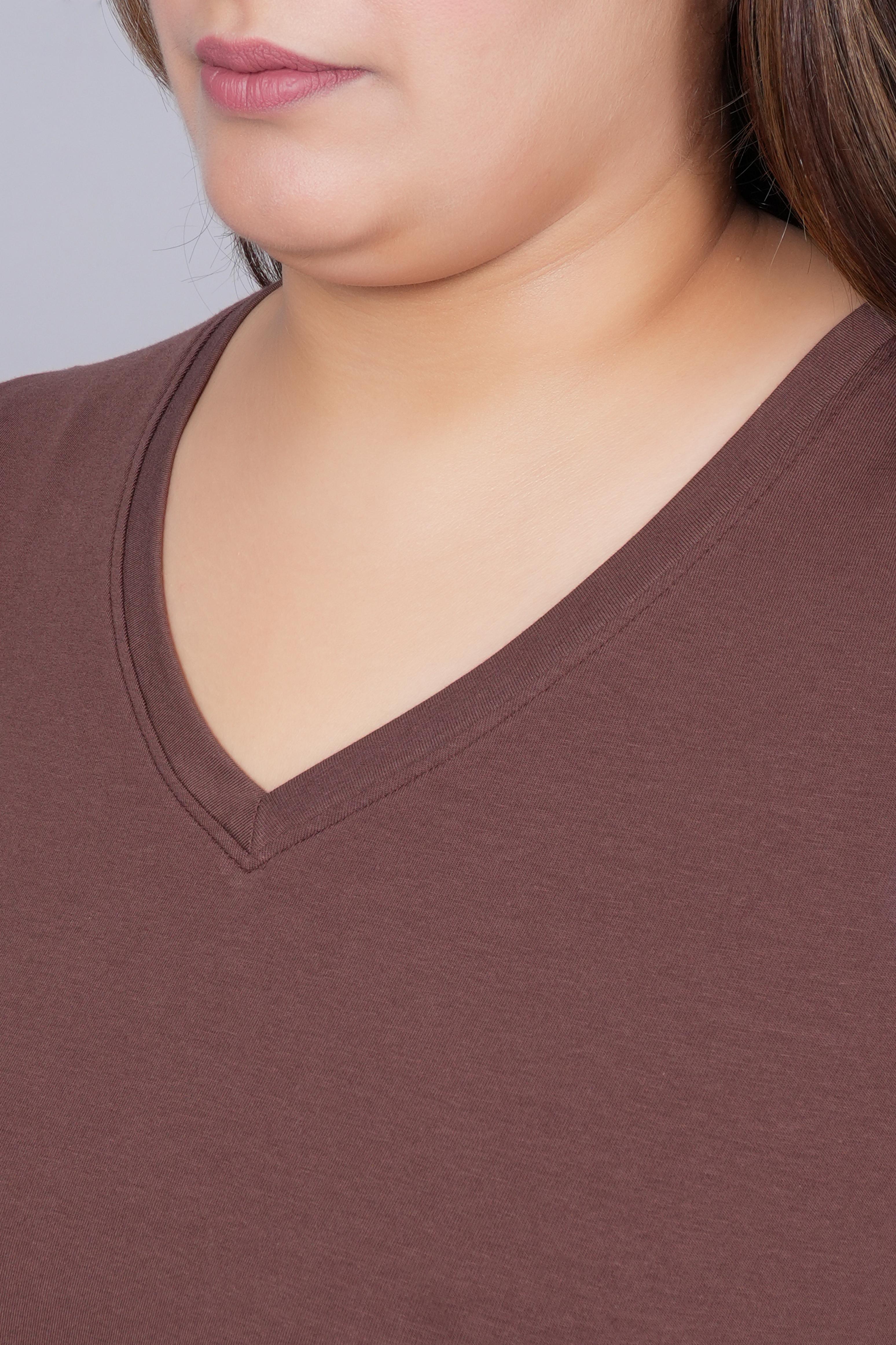 Coffee bean long v neck cotton lycra t-shirt with pockets