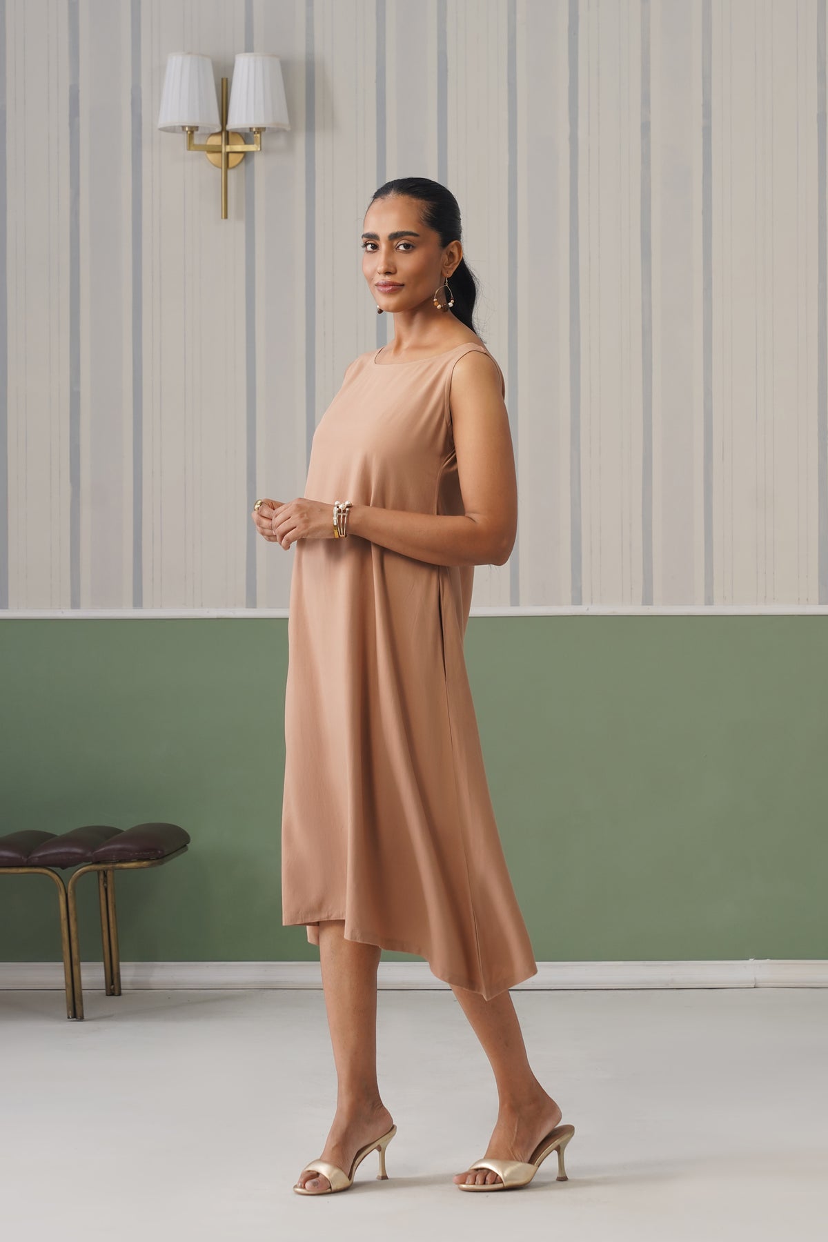 Camel rayon flare dress with pocket [ Premium 100% Rayon, Liva Certified ]