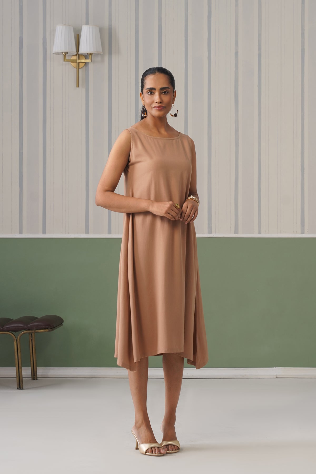 Camel rayon flare dress with pocket [ Premium 100% Rayon, Liva Certified ]