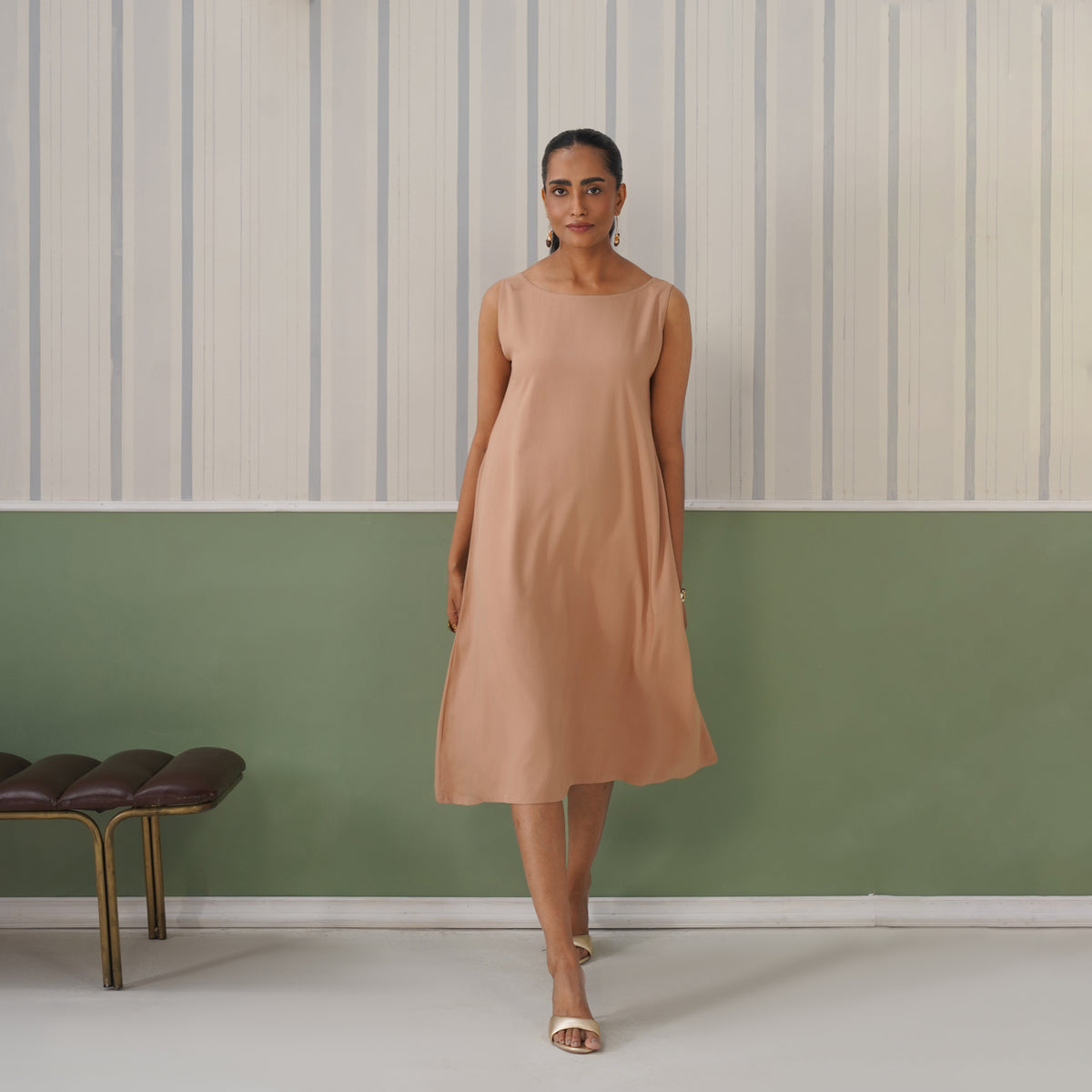 Camel rayon flare dress with pocket [ Premium 100% Rayon, Liva Certified ]