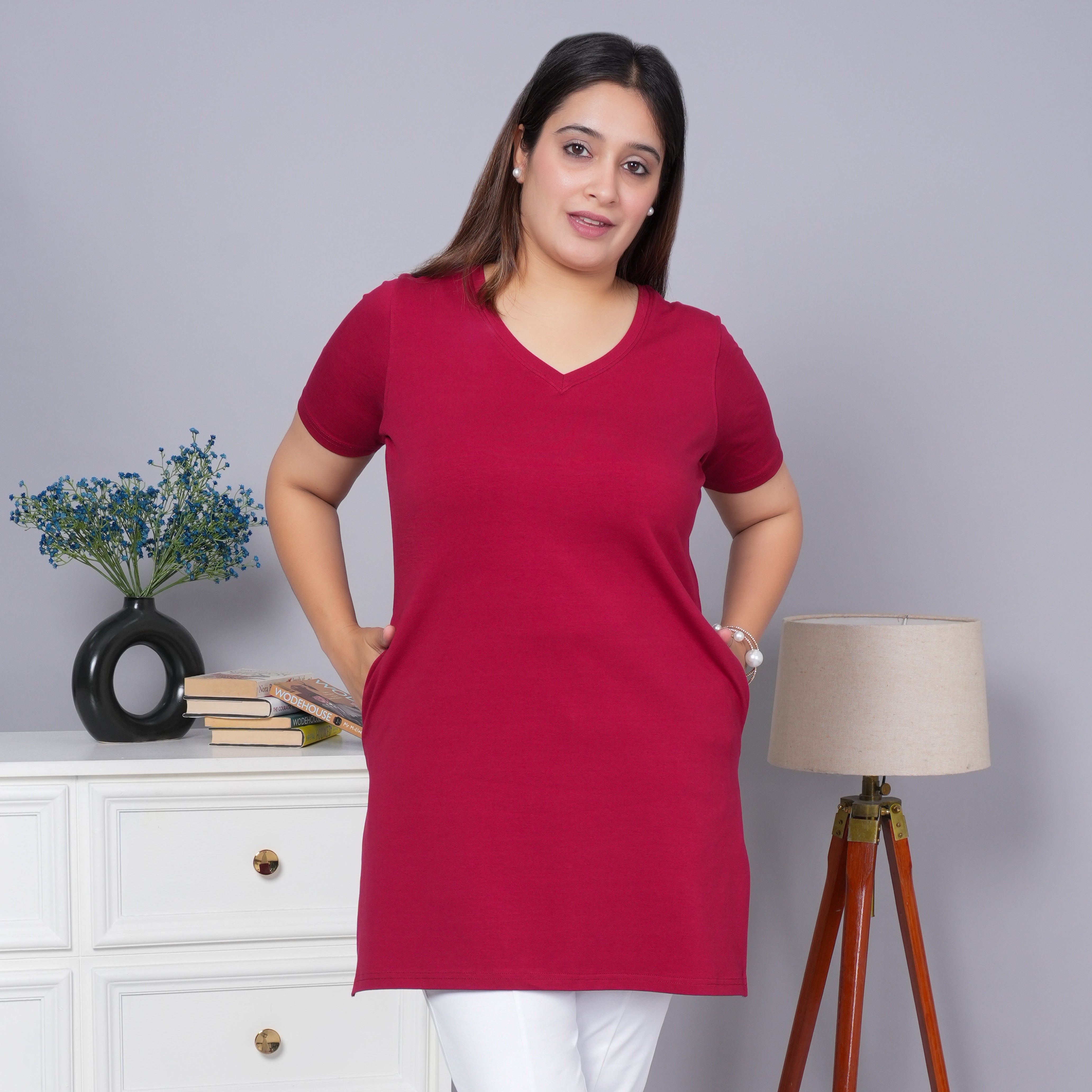 Maroon long v neck cotton lycra t-shirt with pockets