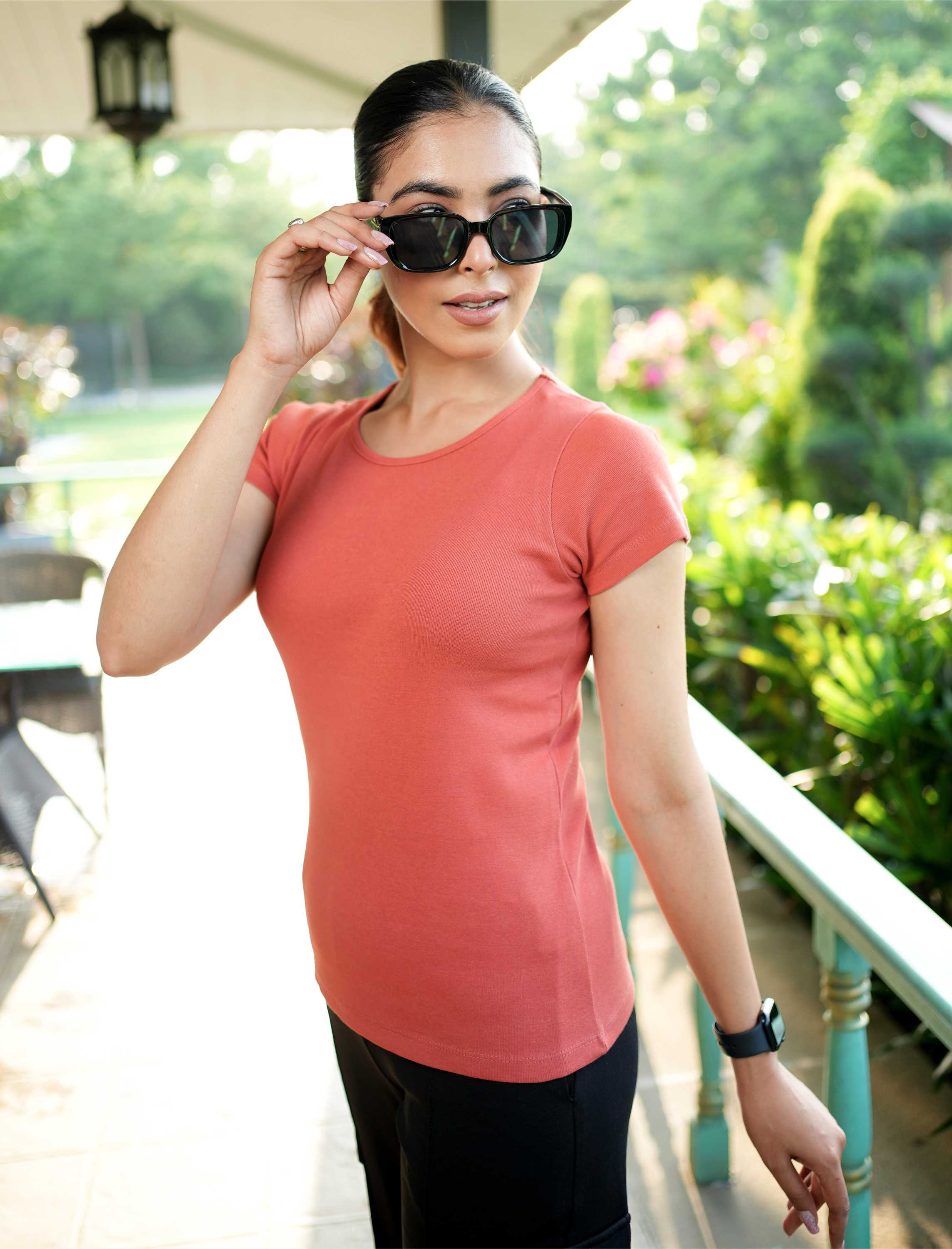 Rust Stretchable Rib T Shirt [ 100% USA HQ Cotton, 280 GSM non transparent fabric ]