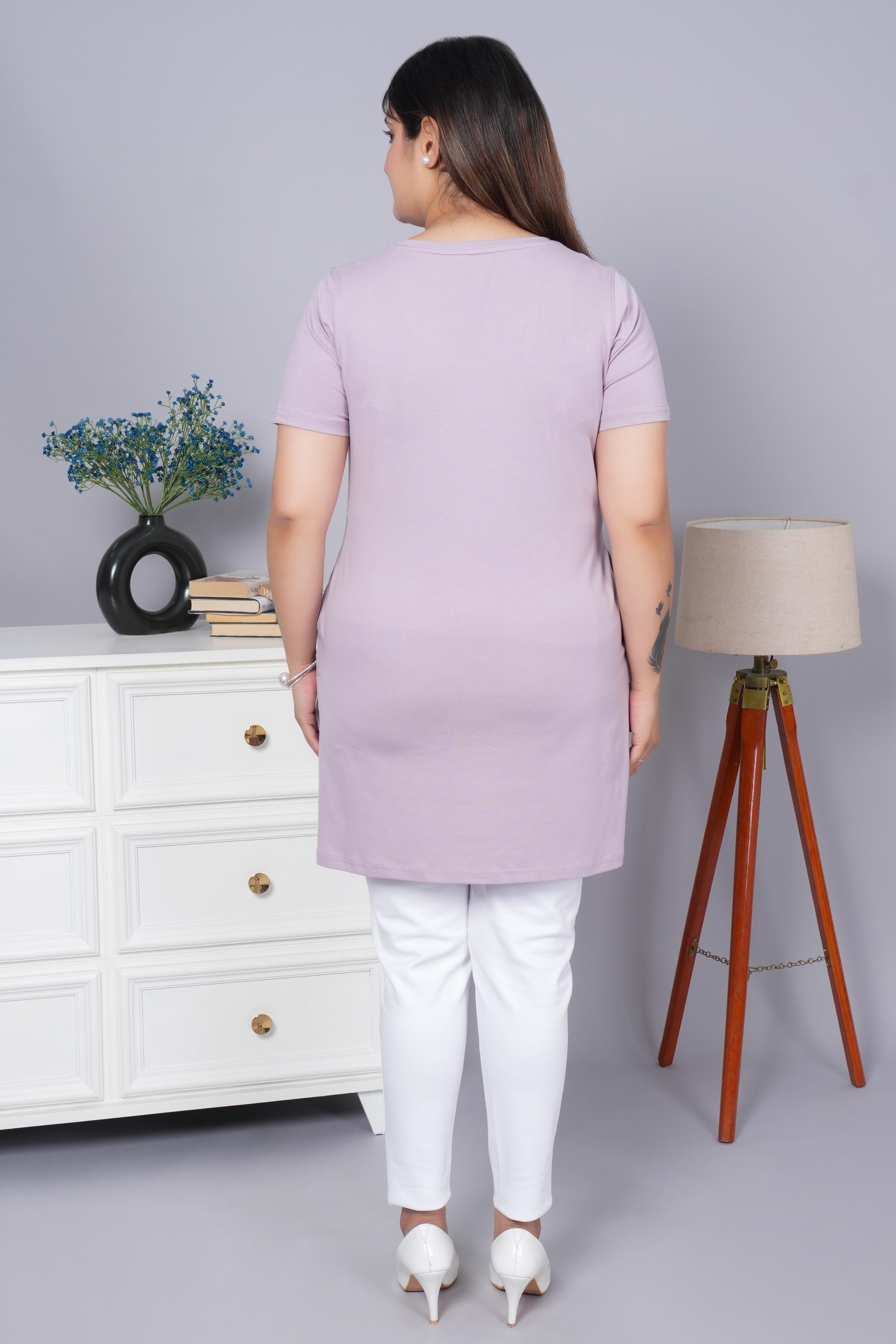 Lilac long v neck cotton lycra t-shirt with pockets