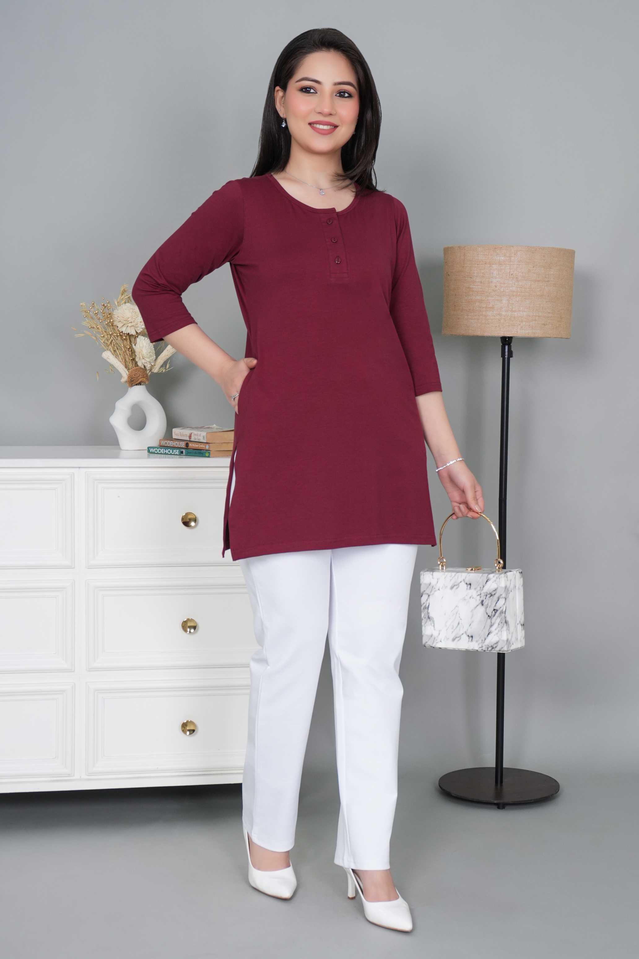Wine long round neck henley cotton lycra t-shirt with pockets
