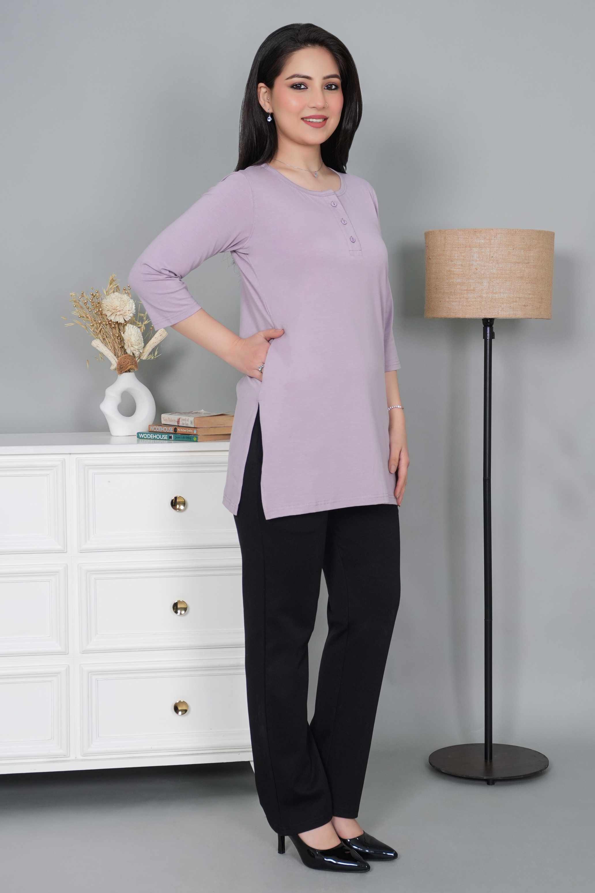 Lilac long round neck henly cotton lycra t-shirt with pockets