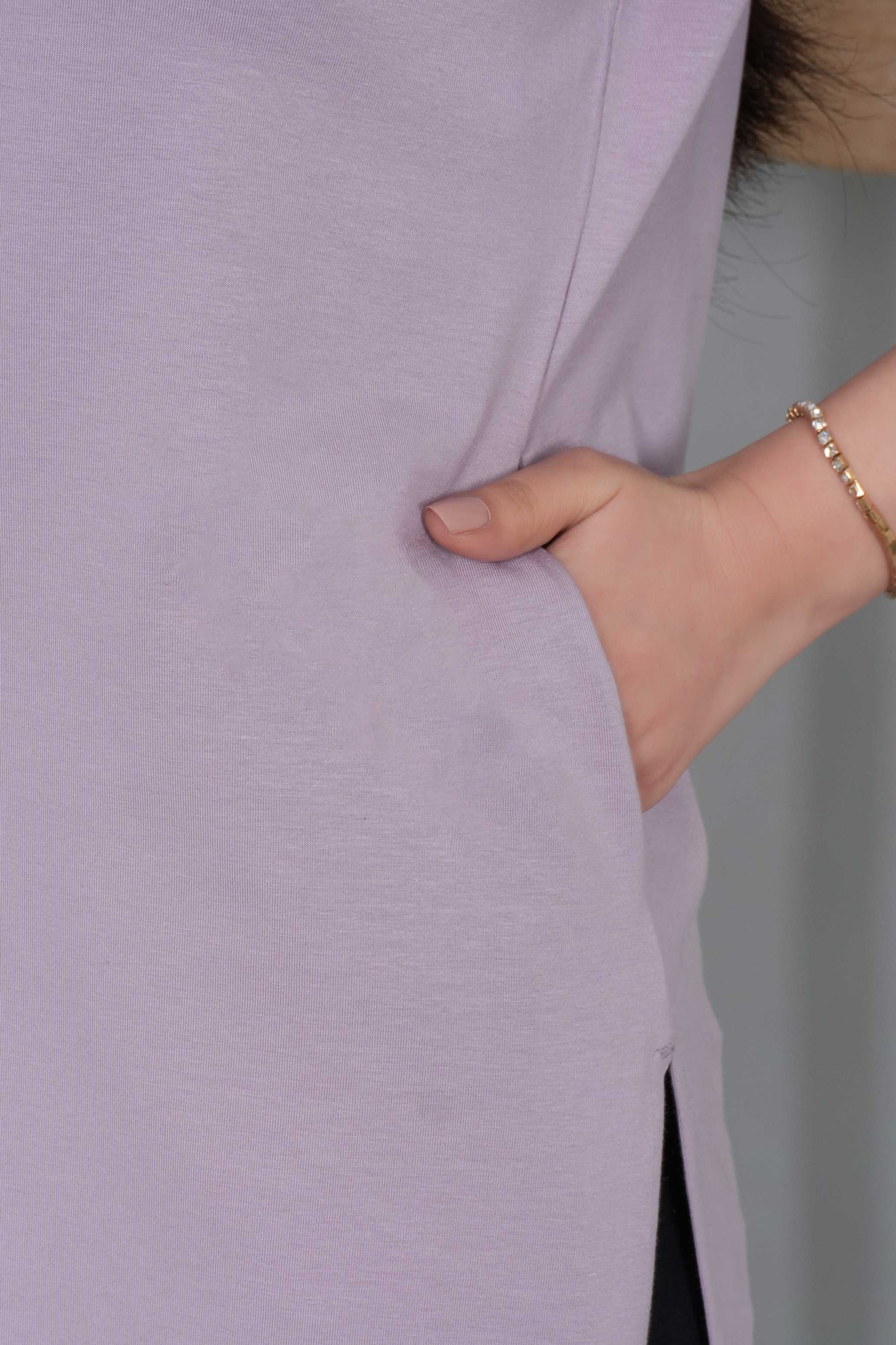 Lilac long round neck henly cotton lycra t-shirt with pockets