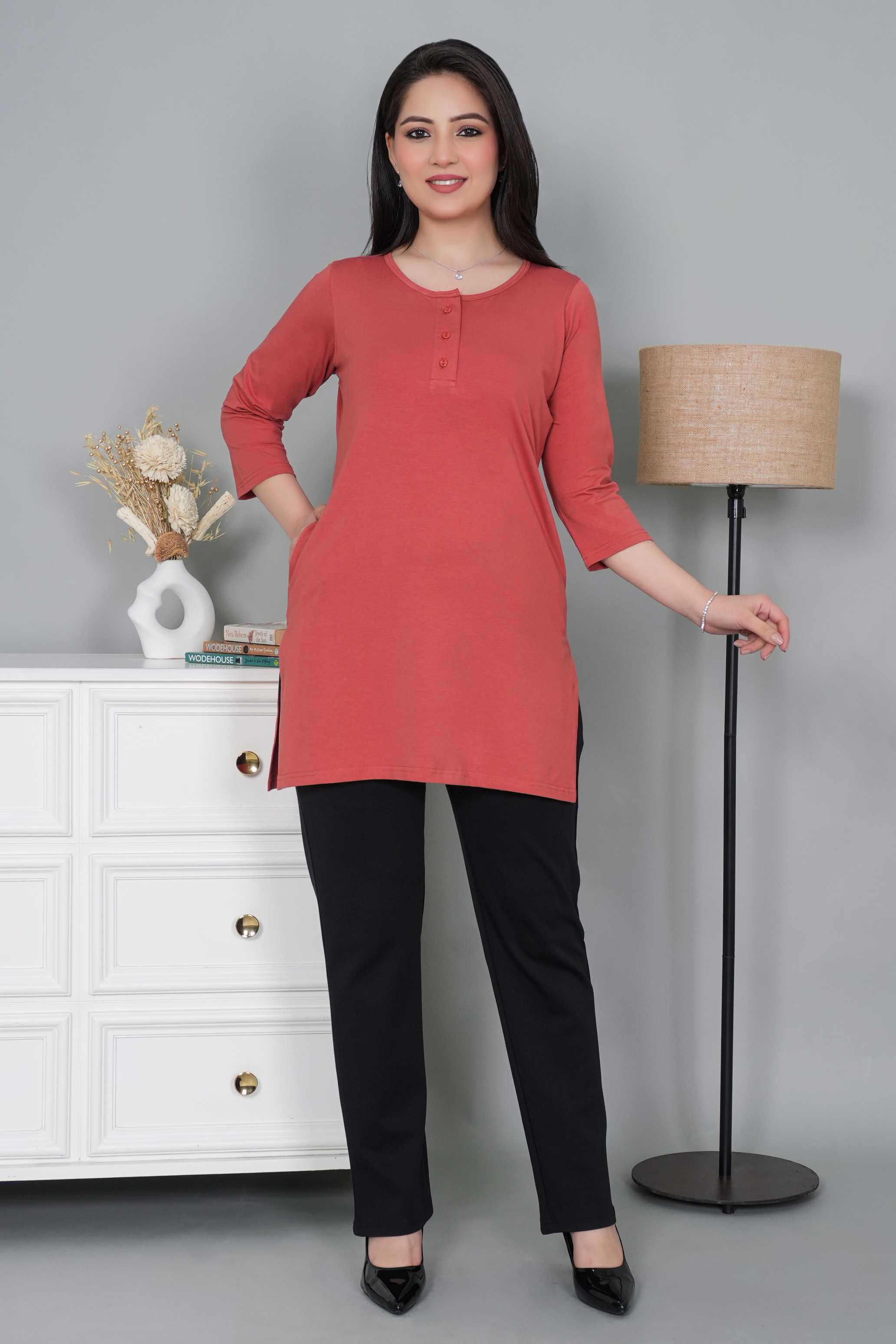 Rust long round neck henley cotton lycra t-shirt with pockets