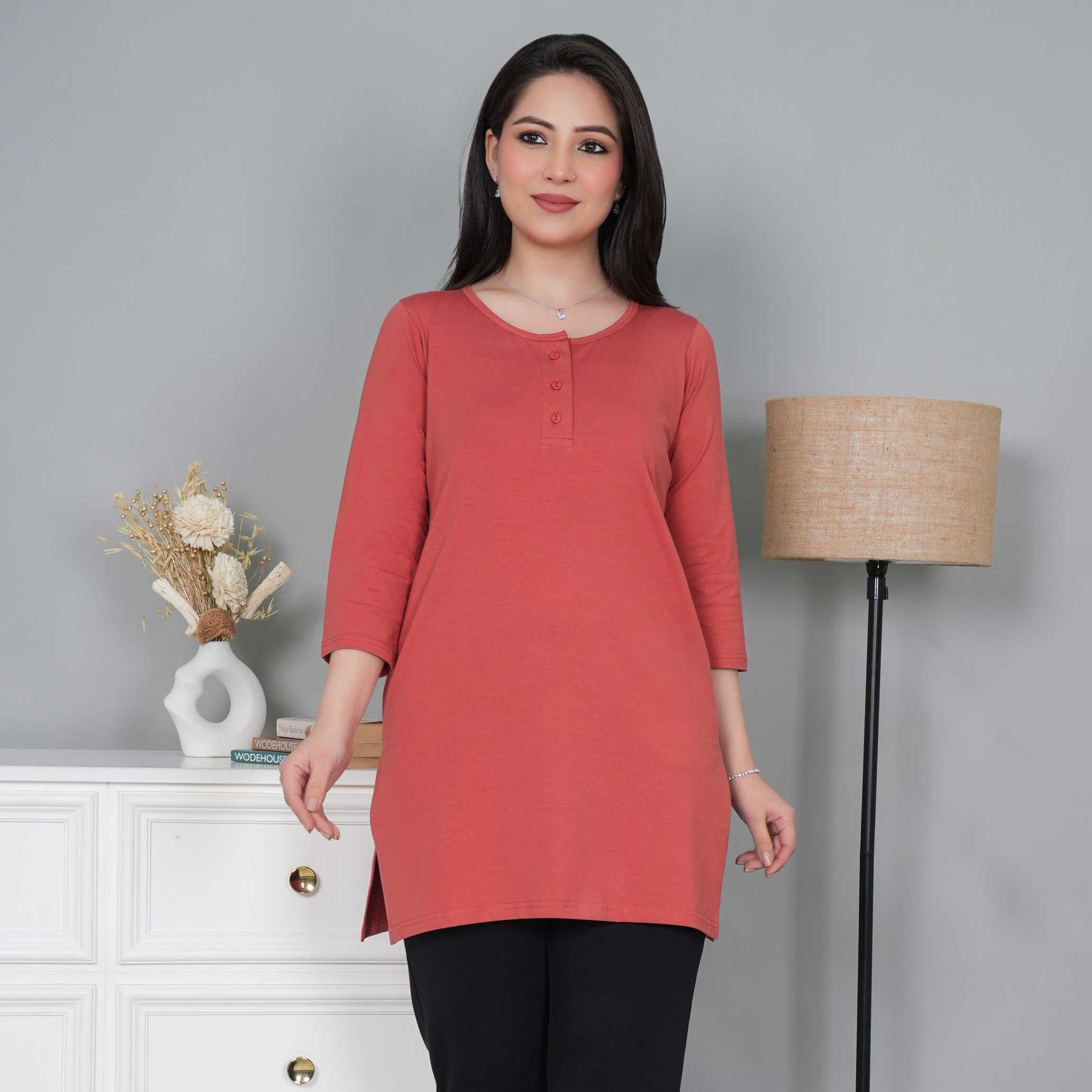 Rust long round neck henley cotton lycra t-shirt with pockets