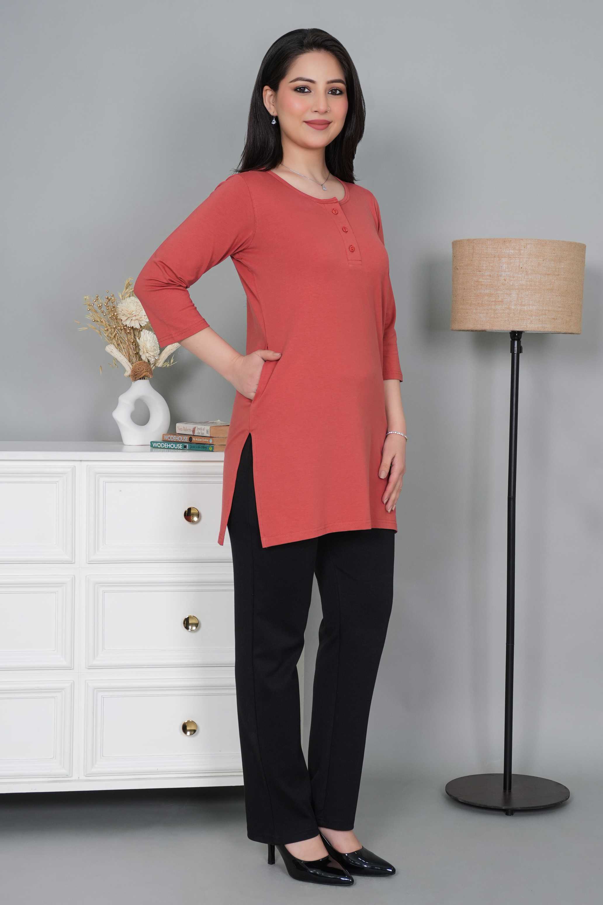 Rust long round neck henley cotton lycra t-shirt with pockets
