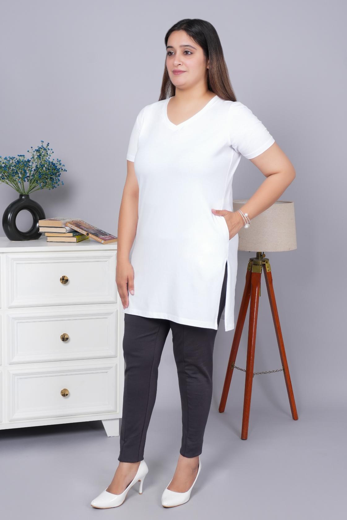 White long v neck cotton lycra t-shirt with pockets